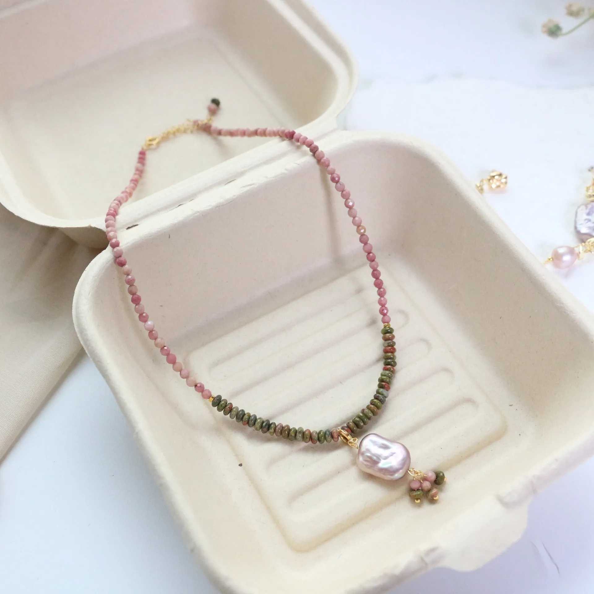 Jekira Rhodochrosite & Baroque Pearl Necklace Set