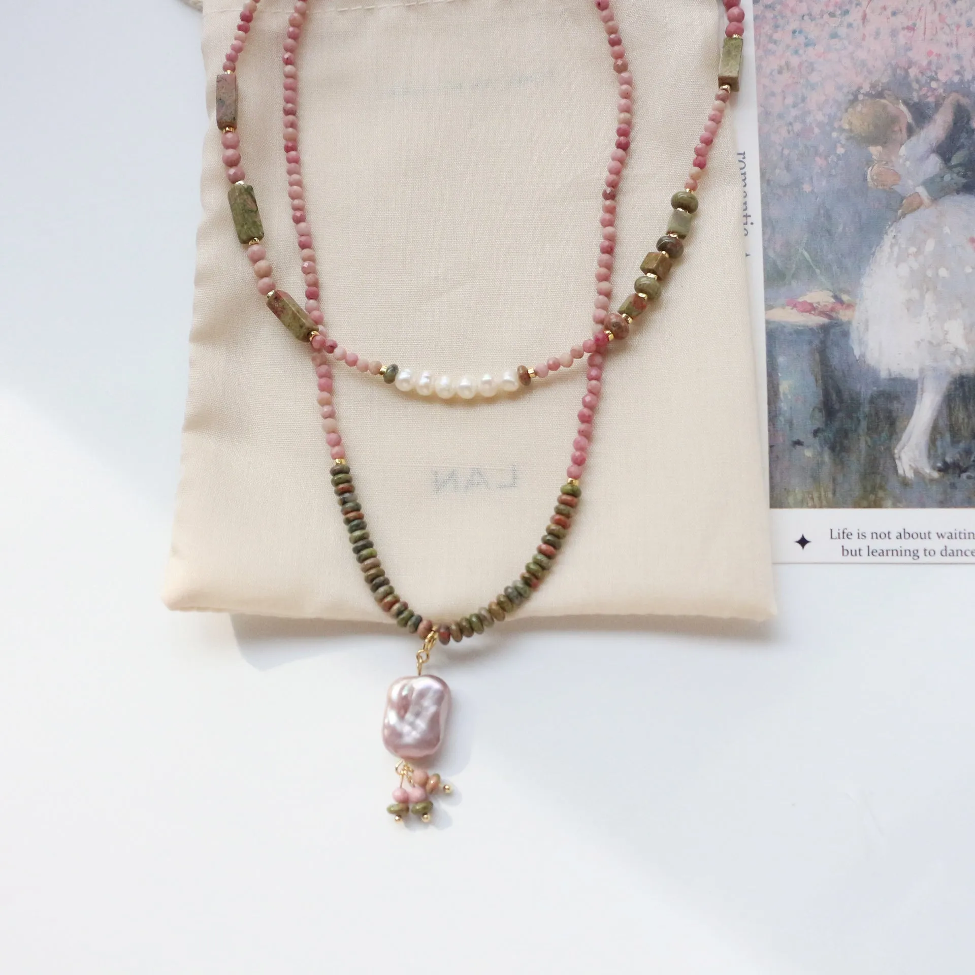 Jekira Rhodochrosite & Baroque Pearl Necklace Set
