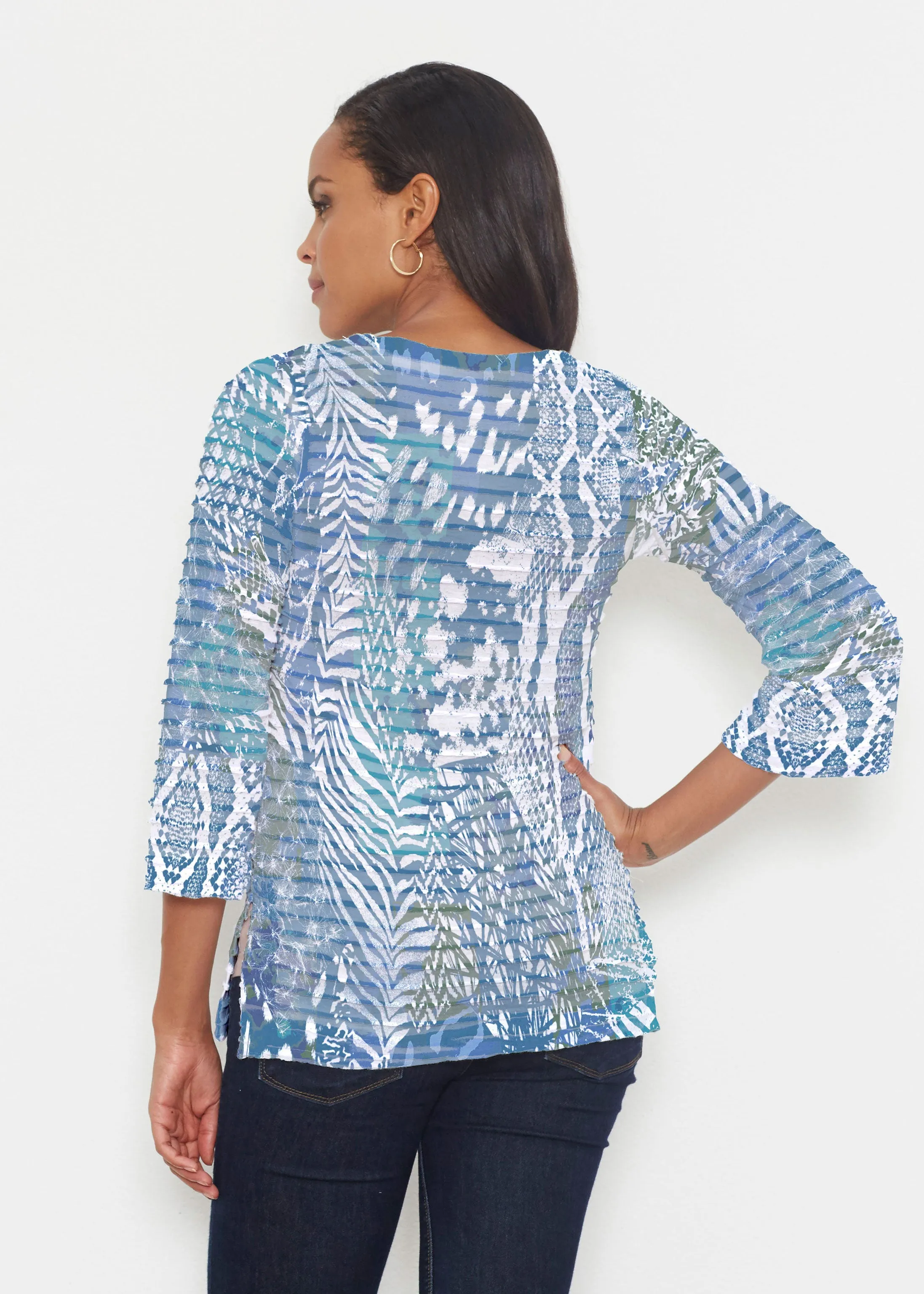 Jungle Warrior Blue (7850) ~ Banded 3/4 Bell-Sleeve V-Neck Tunic