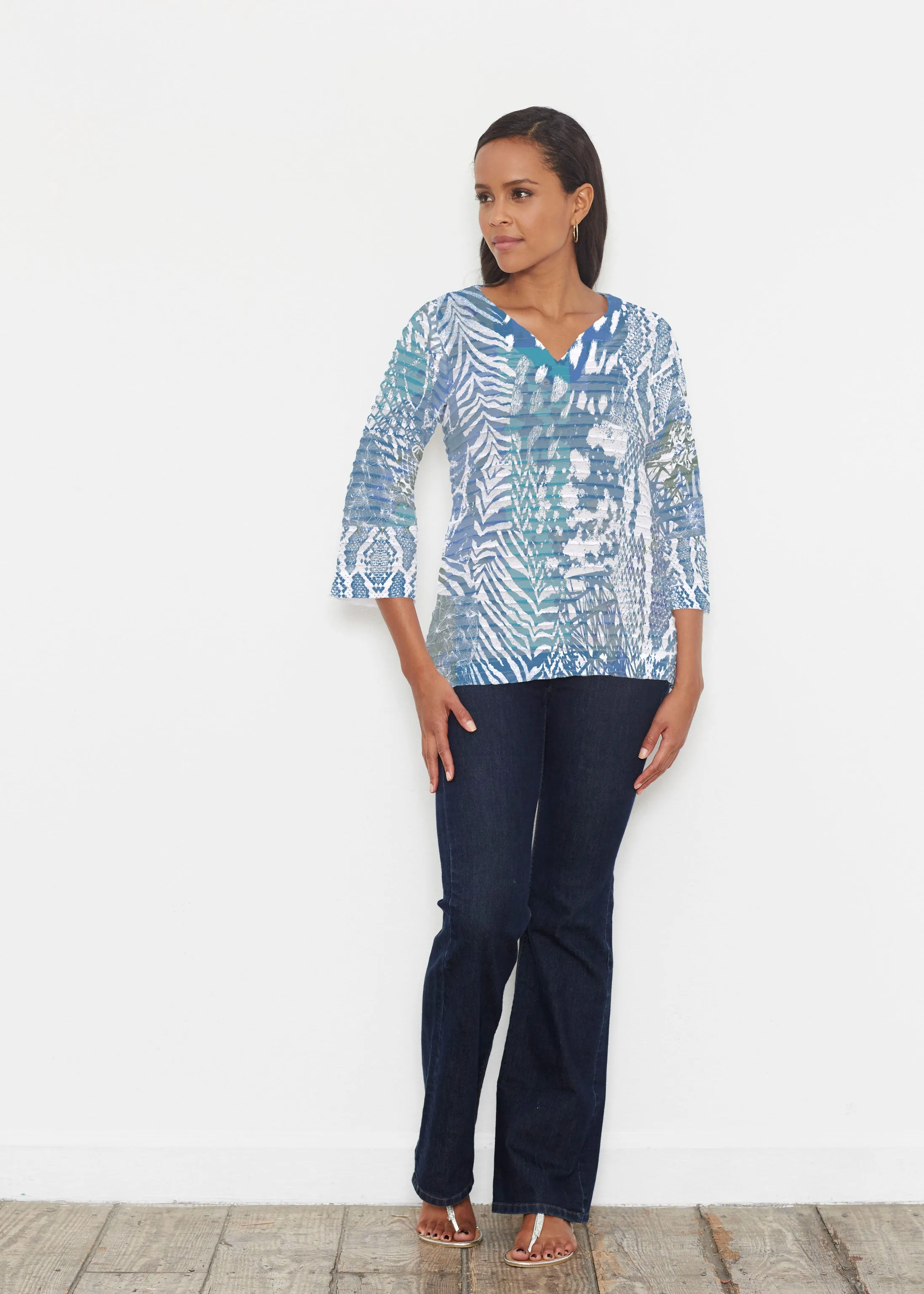 Jungle Warrior Blue (7850) ~ Banded 3/4 Bell-Sleeve V-Neck Tunic