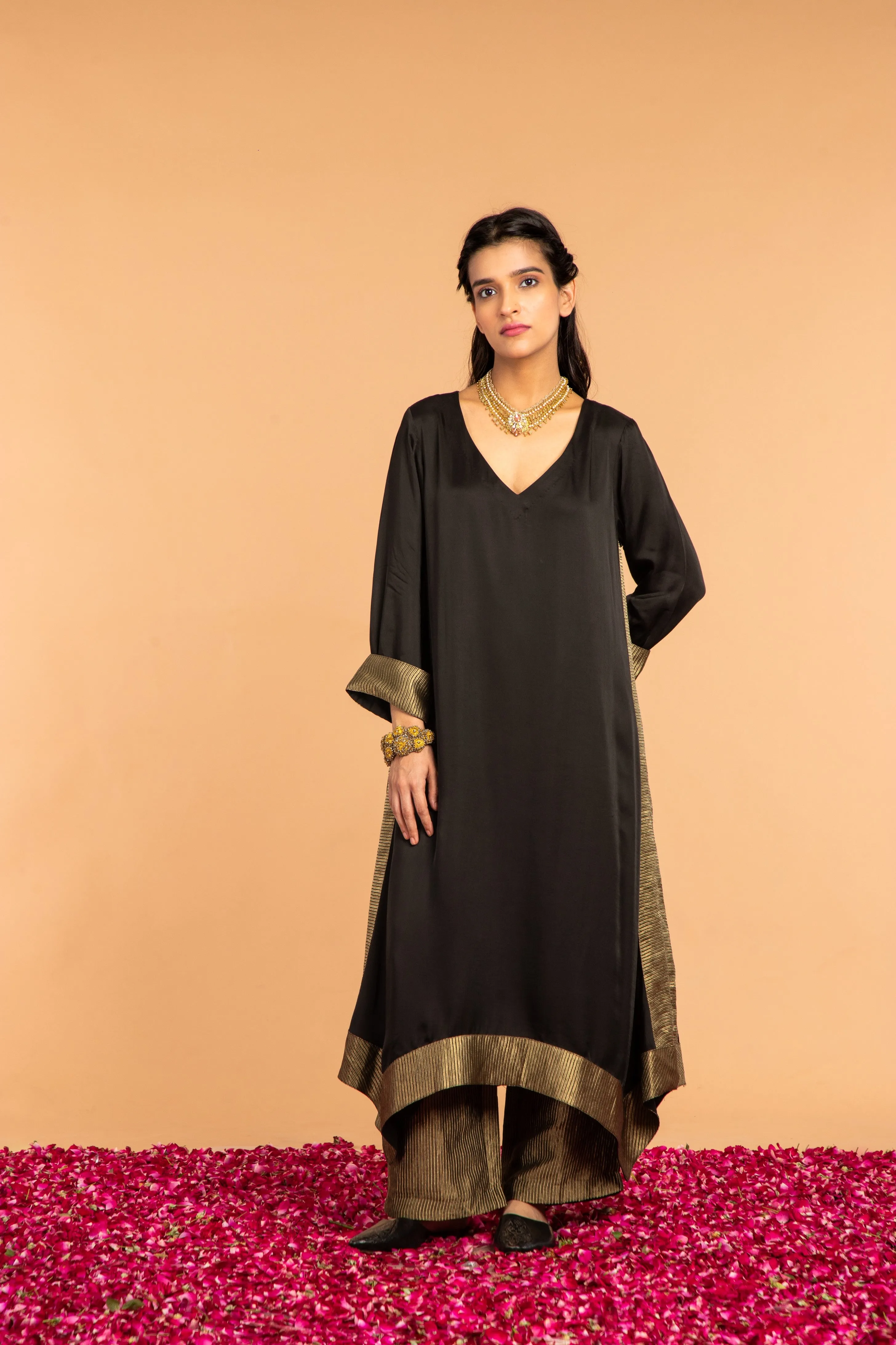 KAMAL ASYMMETRICAL  TUNIC- CO ORD SET BLACK (2PC SET )