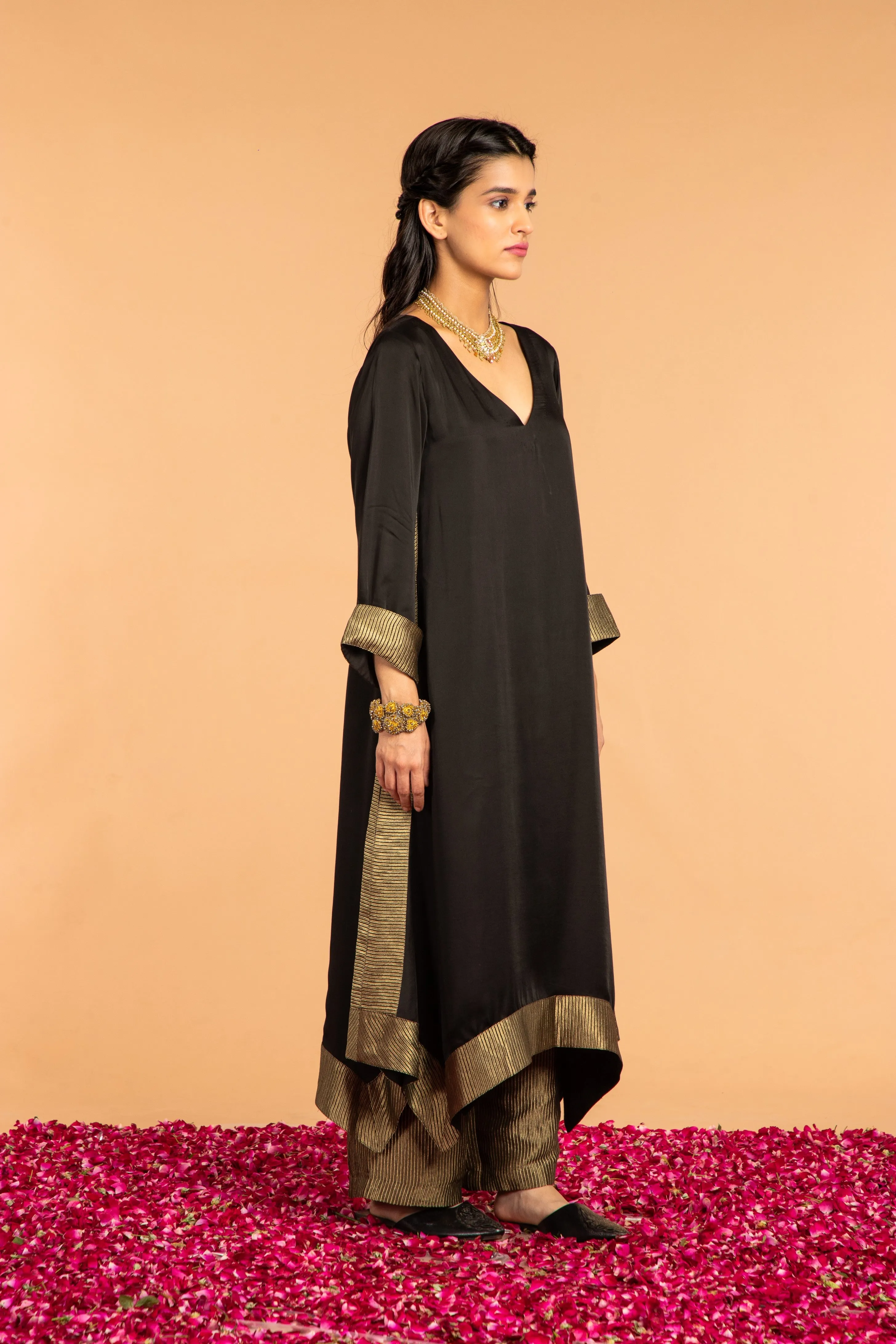 KAMAL ASYMMETRICAL  TUNIC- CO ORD SET BLACK (2PC SET )