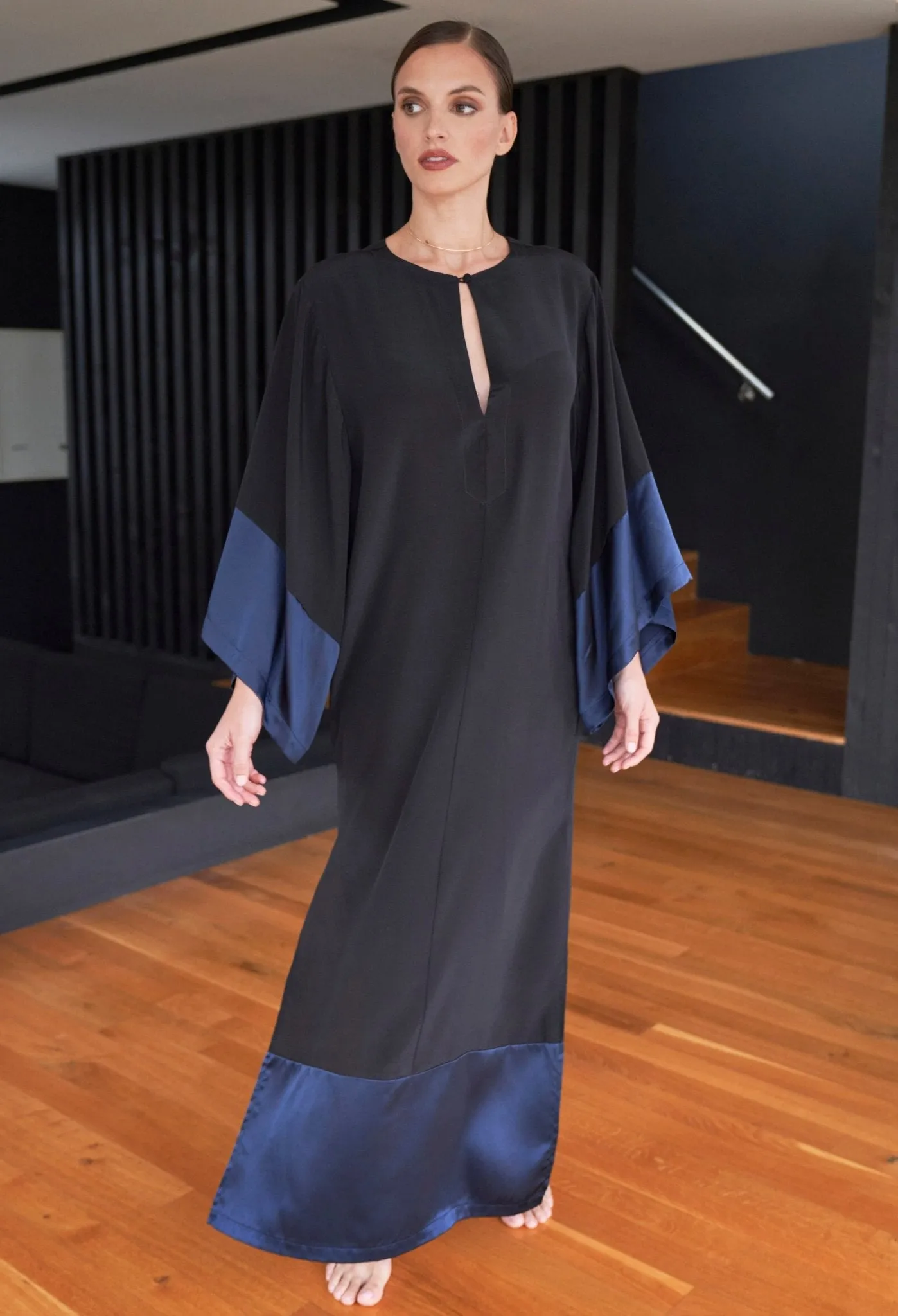 Kimono Sleeve Silk Tunic Dress with Keyhole Neckline - Black and Navy