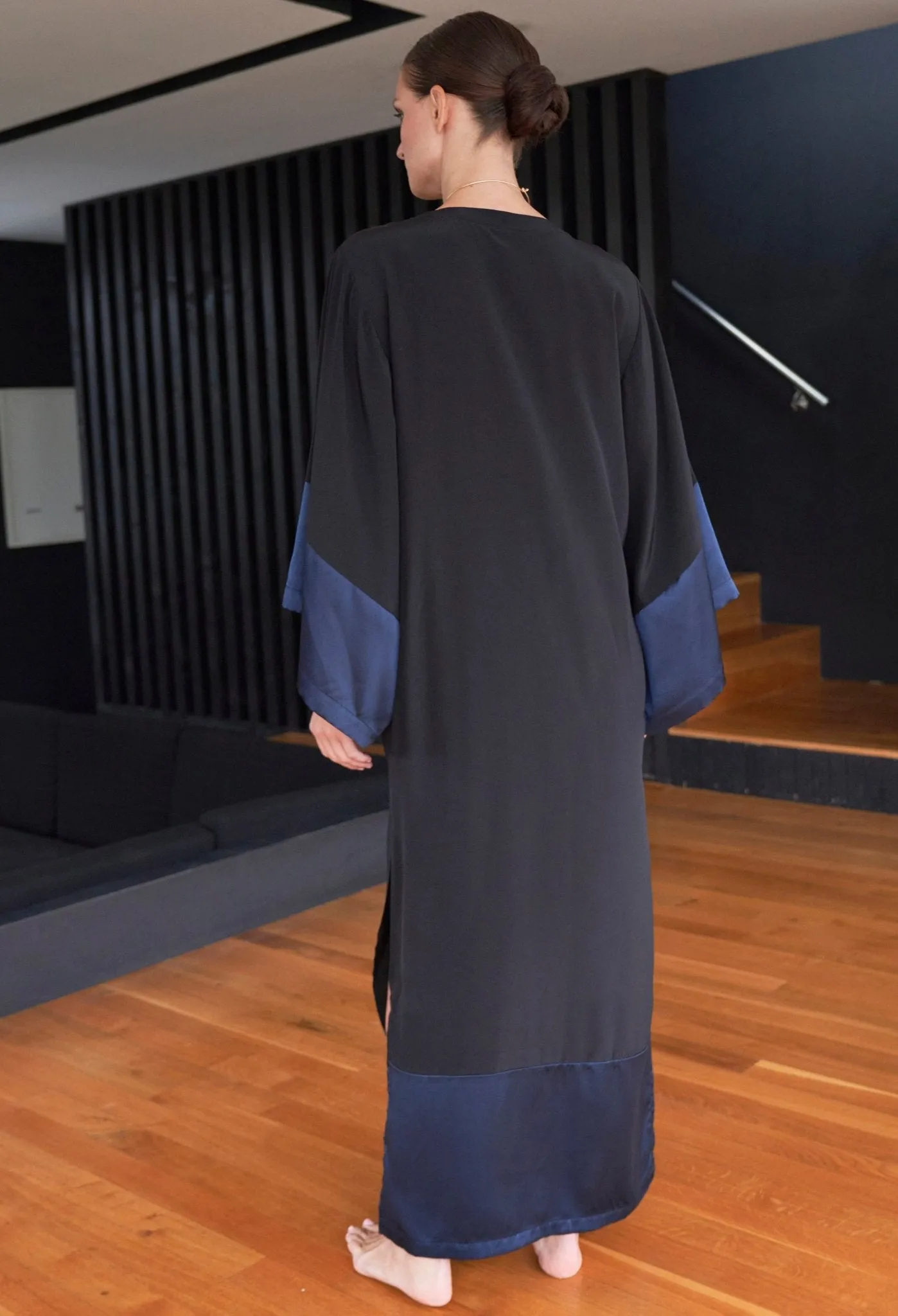 Kimono Sleeve Silk Tunic Dress with Keyhole Neckline - Black and Navy
