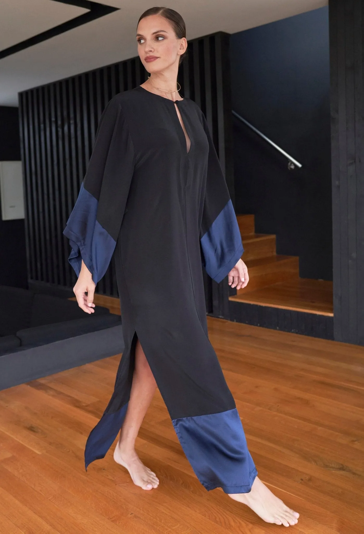 Kimono Sleeve Silk Tunic Dress with Keyhole Neckline - Black and Navy