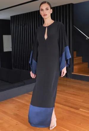 Kimono Sleeve Silk Tunic Dress with Keyhole Neckline - Black and Navy