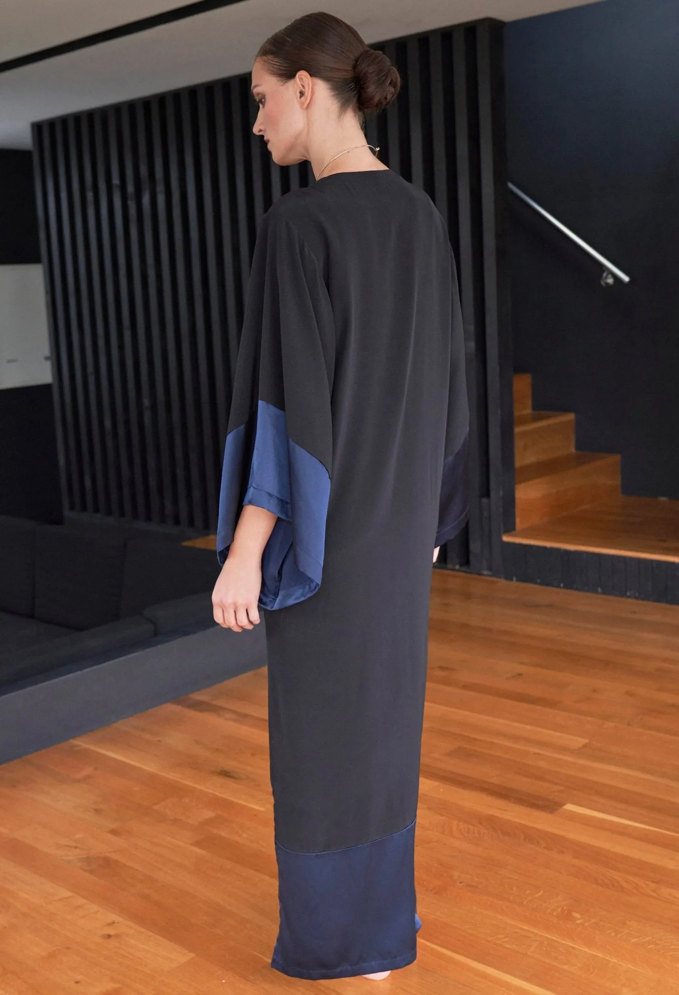 Kimono Sleeve Silk Tunic Dress with Keyhole Neckline - Black and Navy