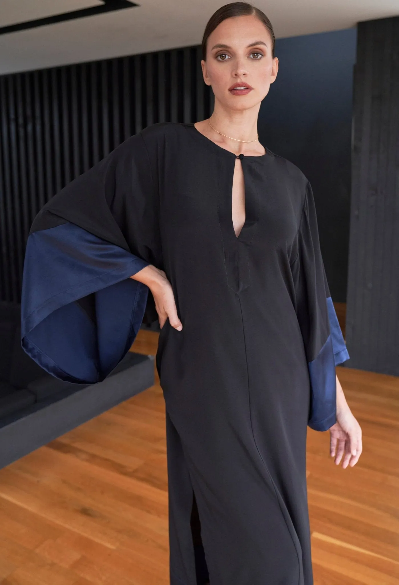Kimono Sleeve Silk Tunic Dress with Keyhole Neckline - Black and Navy