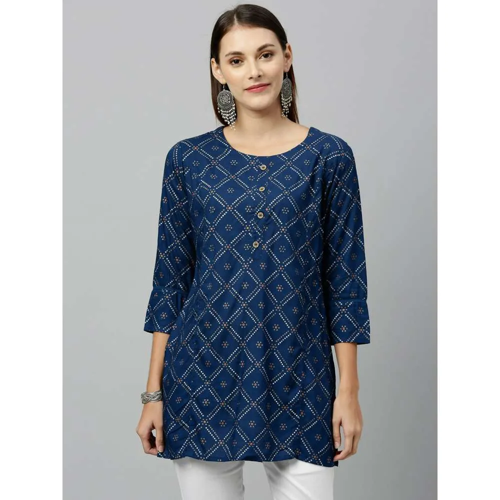 Kipek Women Rayon Printed Straight Tunic Blue