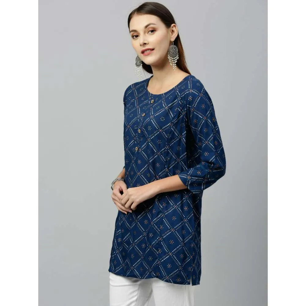 Kipek Women Rayon Printed Straight Tunic Blue