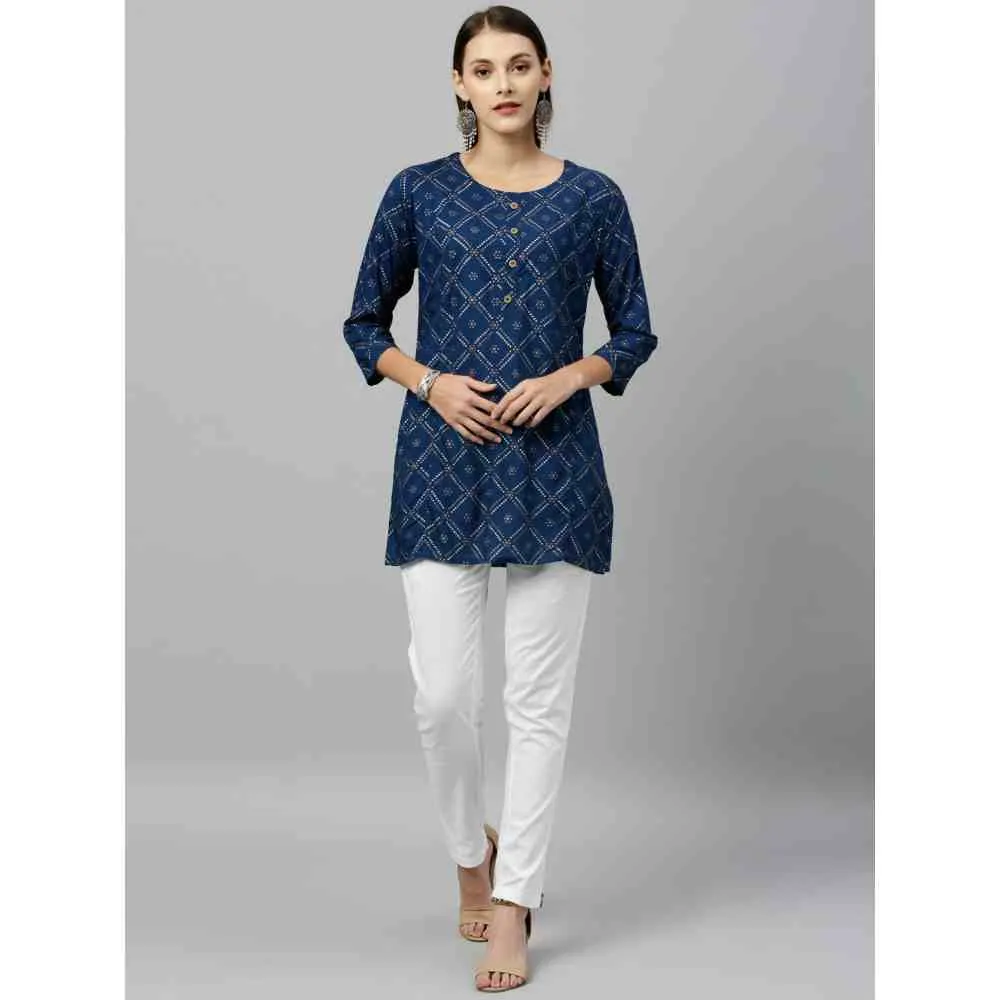 Kipek Women Rayon Printed Straight Tunic Blue