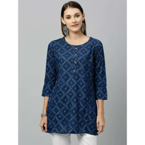 Kipek Women Rayon Printed Straight Tunic Blue