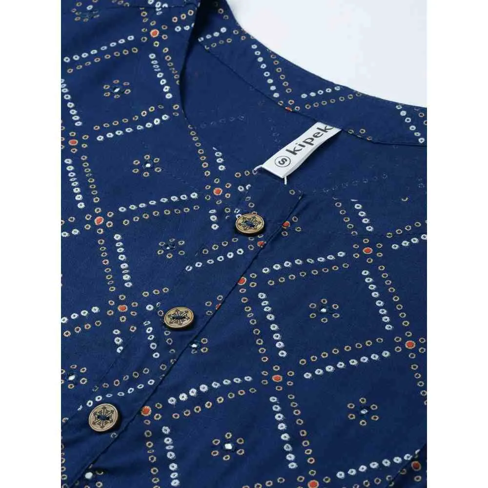 Kipek Women Rayon Printed Straight Tunic Blue