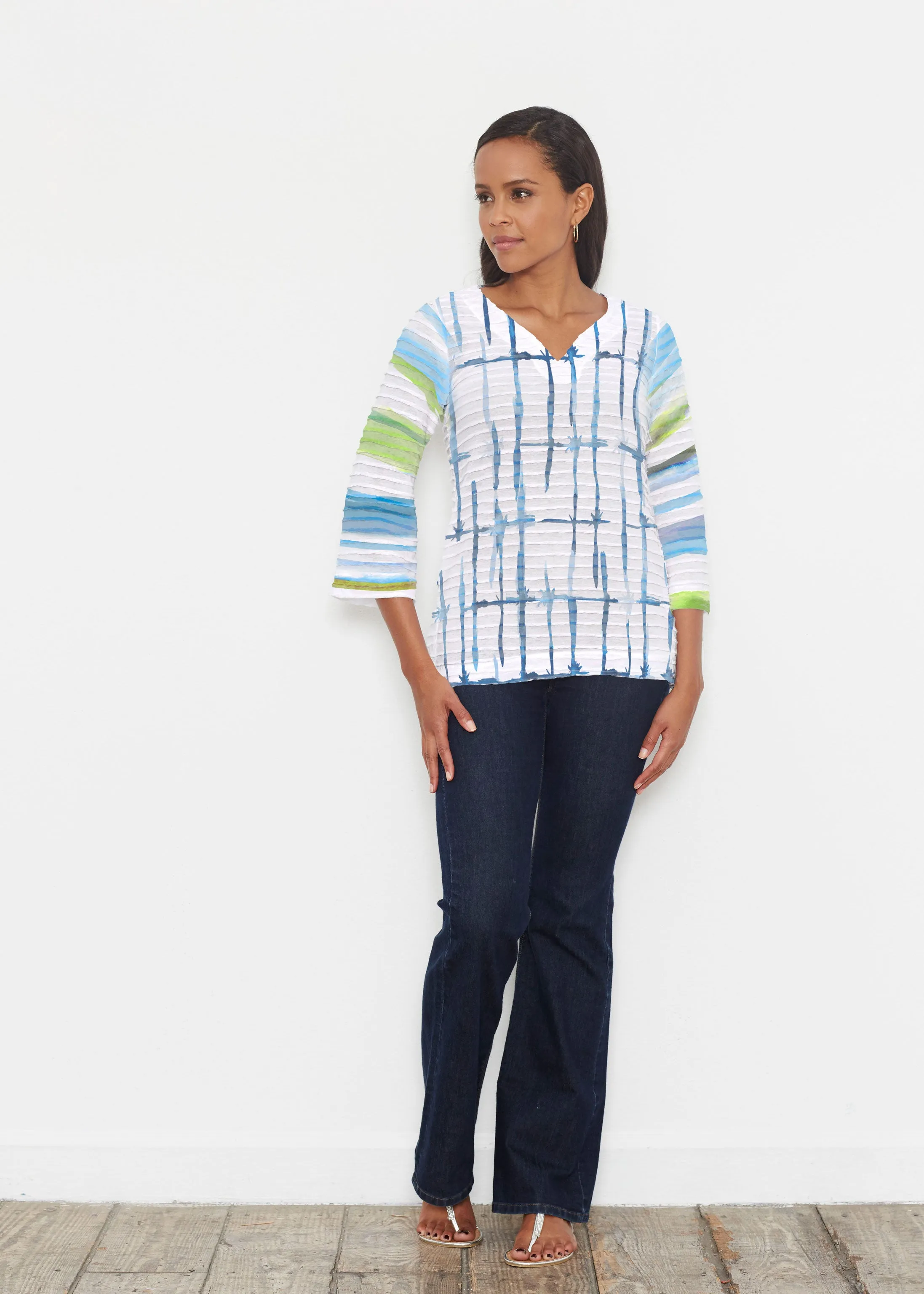 Knotted Stripe (7853) ~ Banded 3/4 Bell-Sleeve V-Neck Tunic