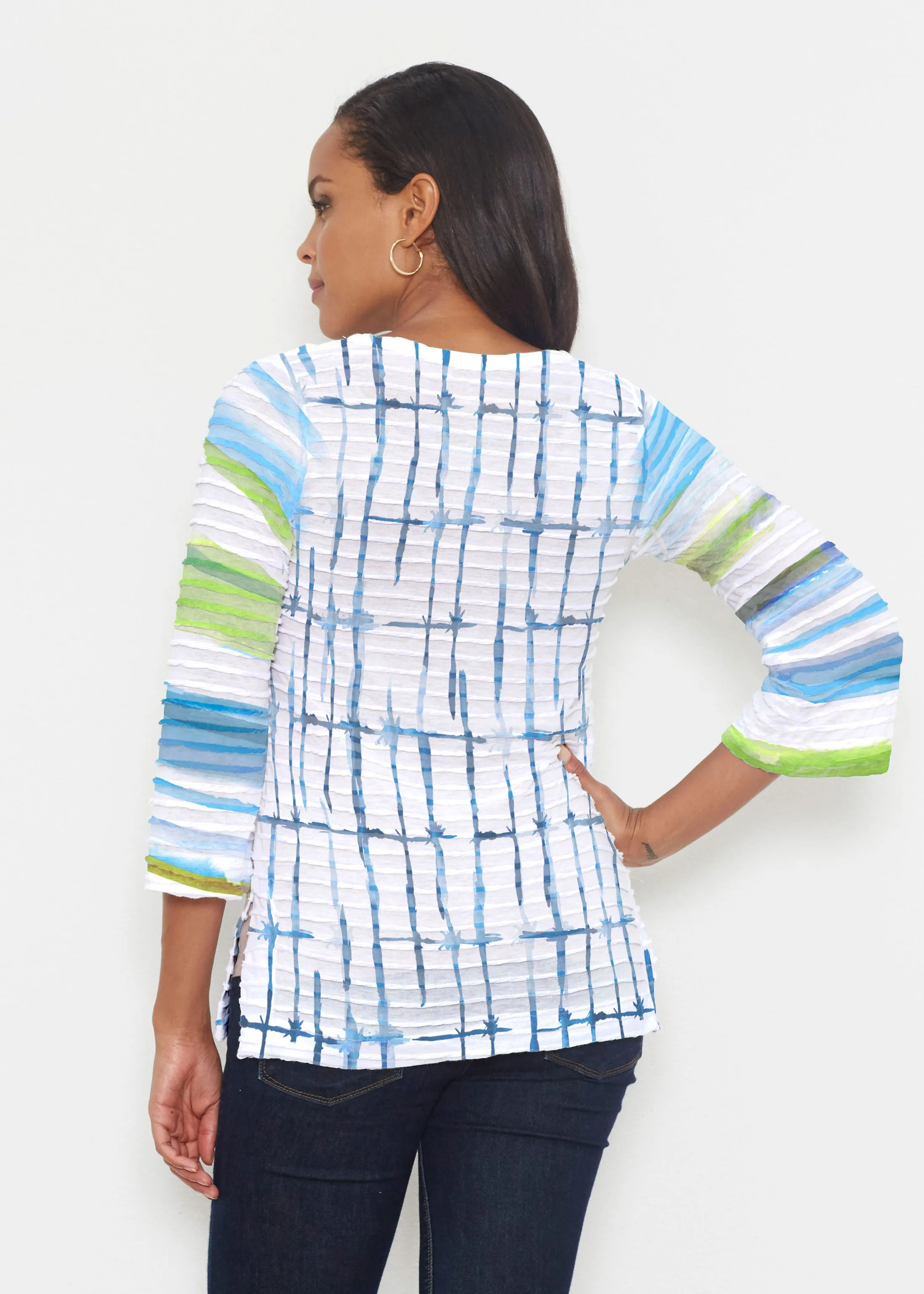 Knotted Stripe (7853) ~ Banded 3/4 Bell-Sleeve V-Neck Tunic