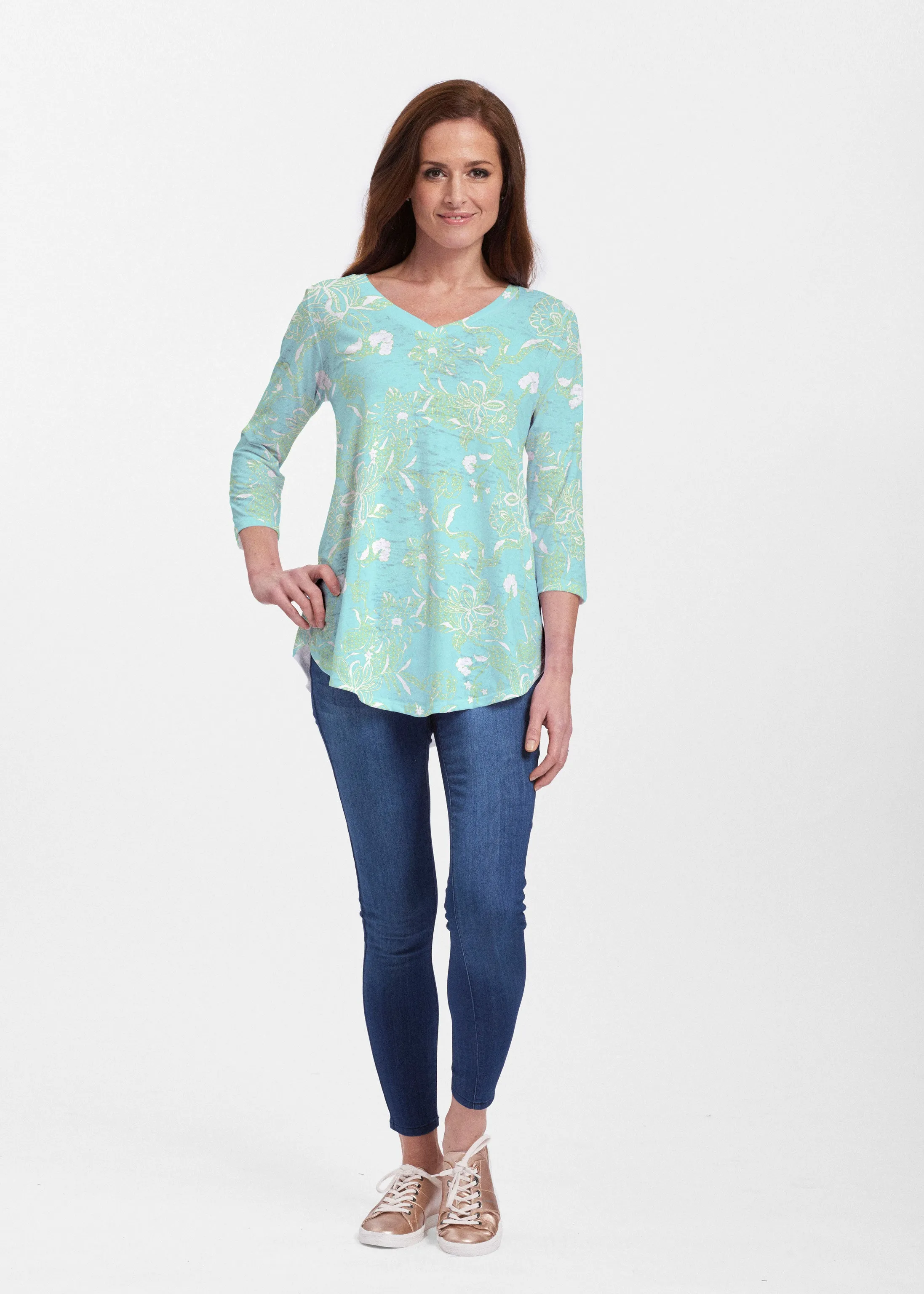 Lace Floral Aqua (7693) ~ Signature V-neck Flowy Tunic