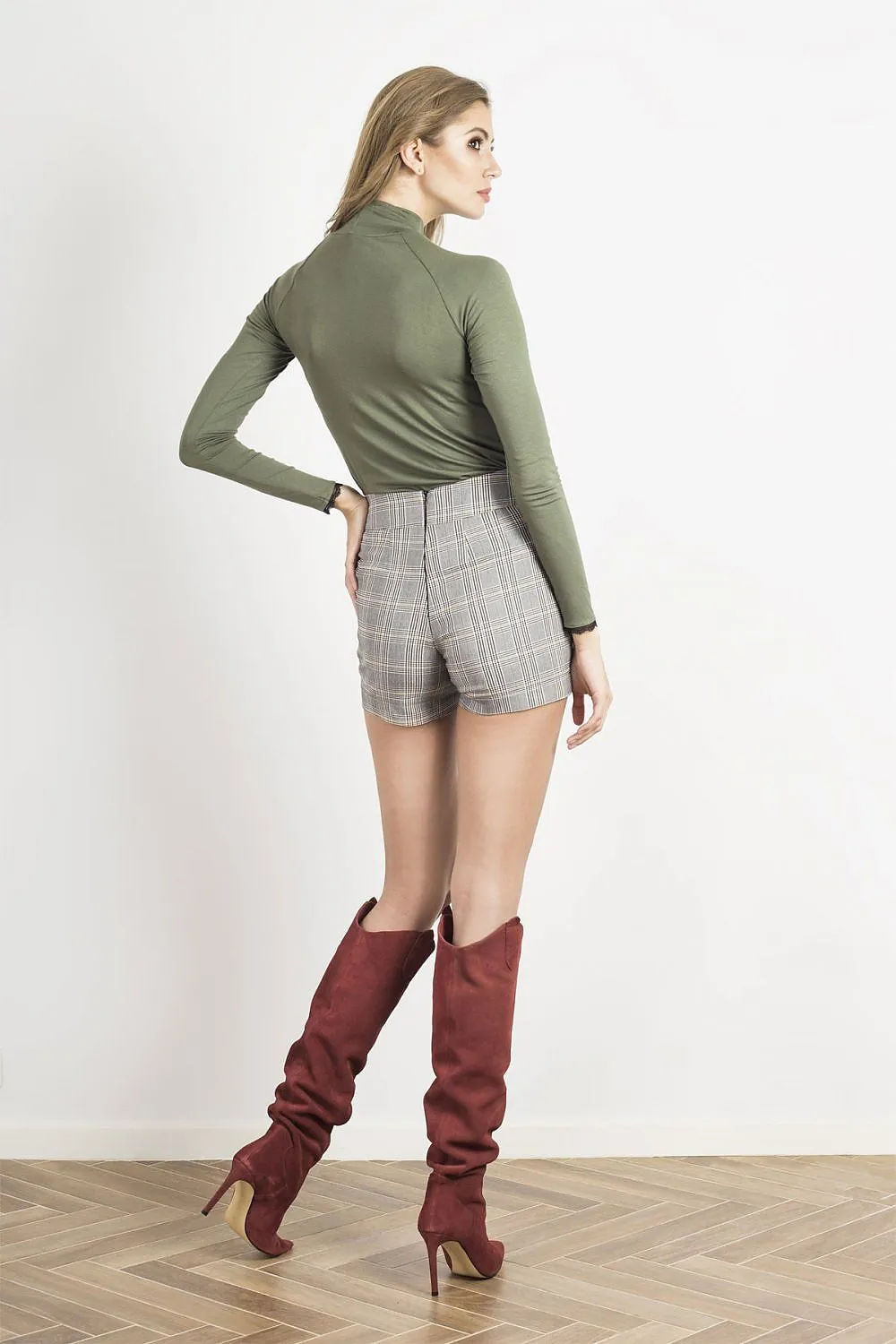 Lace-Trimmed Turtleneck Fitted Blouse