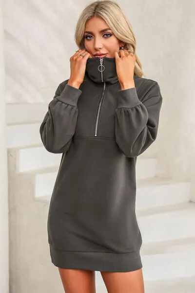 Lacy Half Zip Dropped Shoulder Mini Sweatshirt Dress