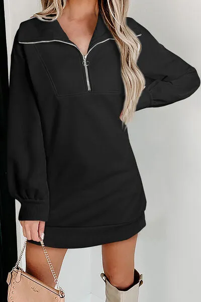 Lacy Half Zip Dropped Shoulder Mini Sweatshirt Dress