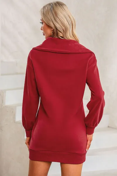 Lacy Half Zip Dropped Shoulder Mini Sweatshirt Dress