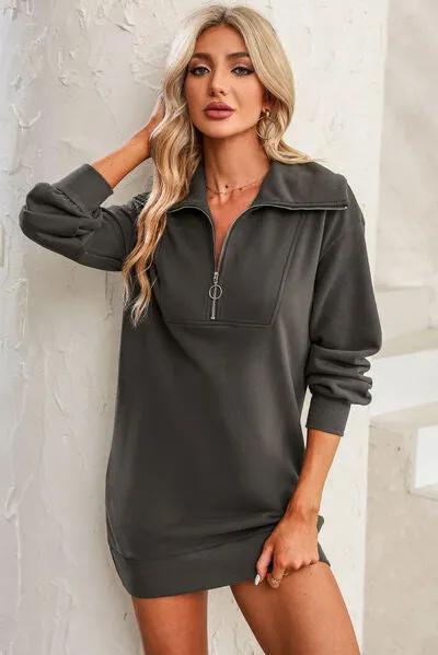 Lacy Half Zip Dropped Shoulder Mini Sweatshirt Dress