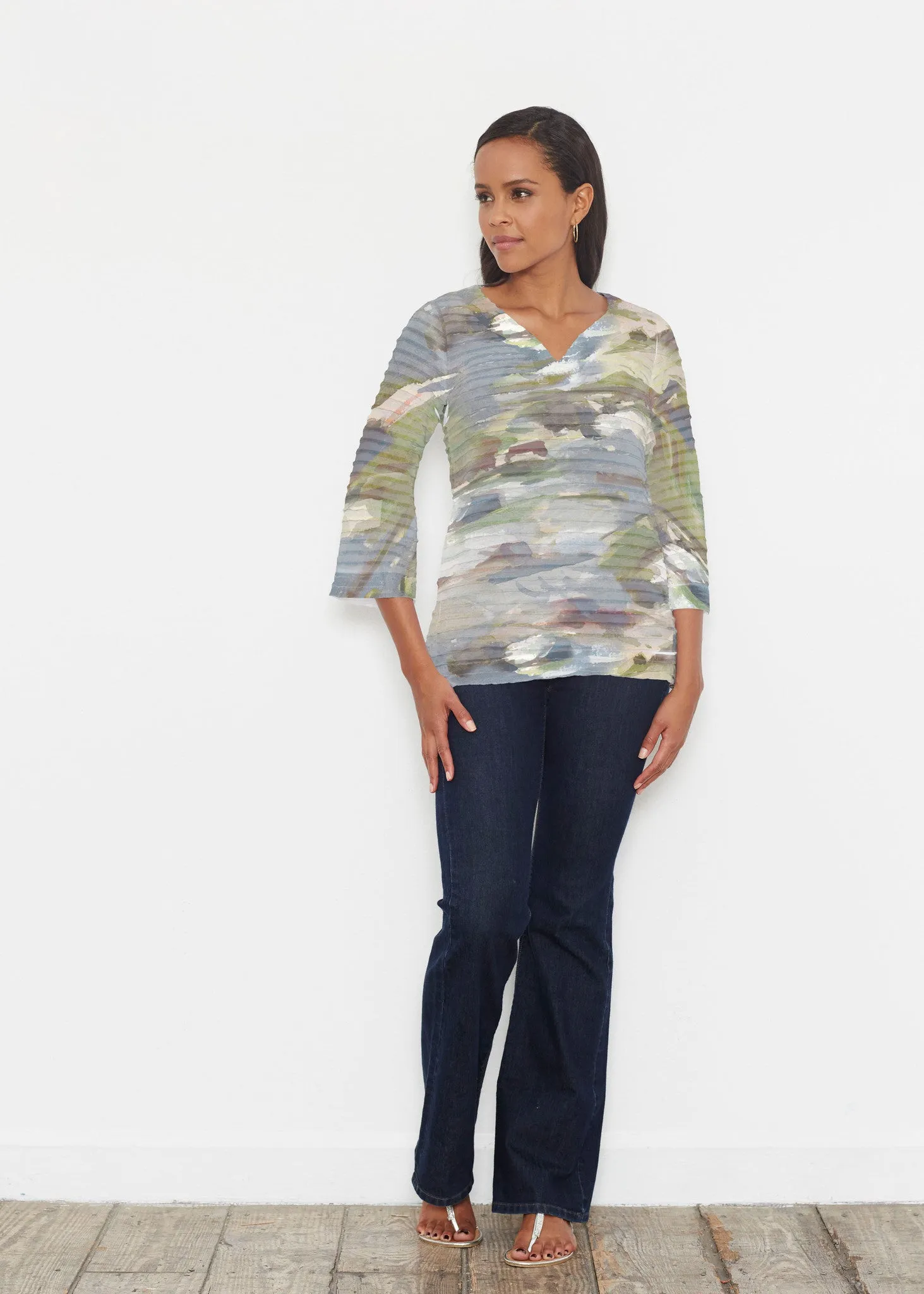 Landscape Green (15033) ~ Banded 3/4 Bell-Sleeve V-Neck Tunic