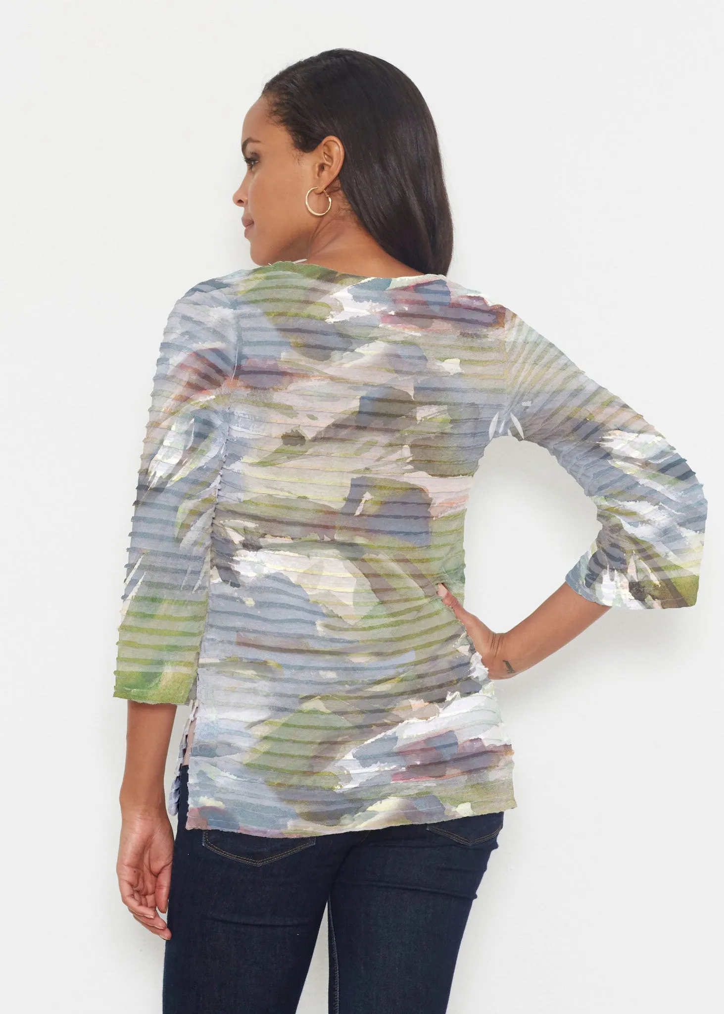 Landscape Green (15033) ~ Banded 3/4 Bell-Sleeve V-Neck Tunic
