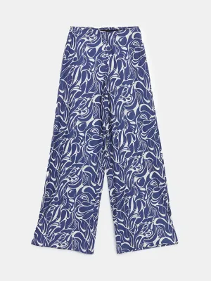 LCW Modest Navy Blue Elastic Waist Patterned Wide Leg Women Trousers