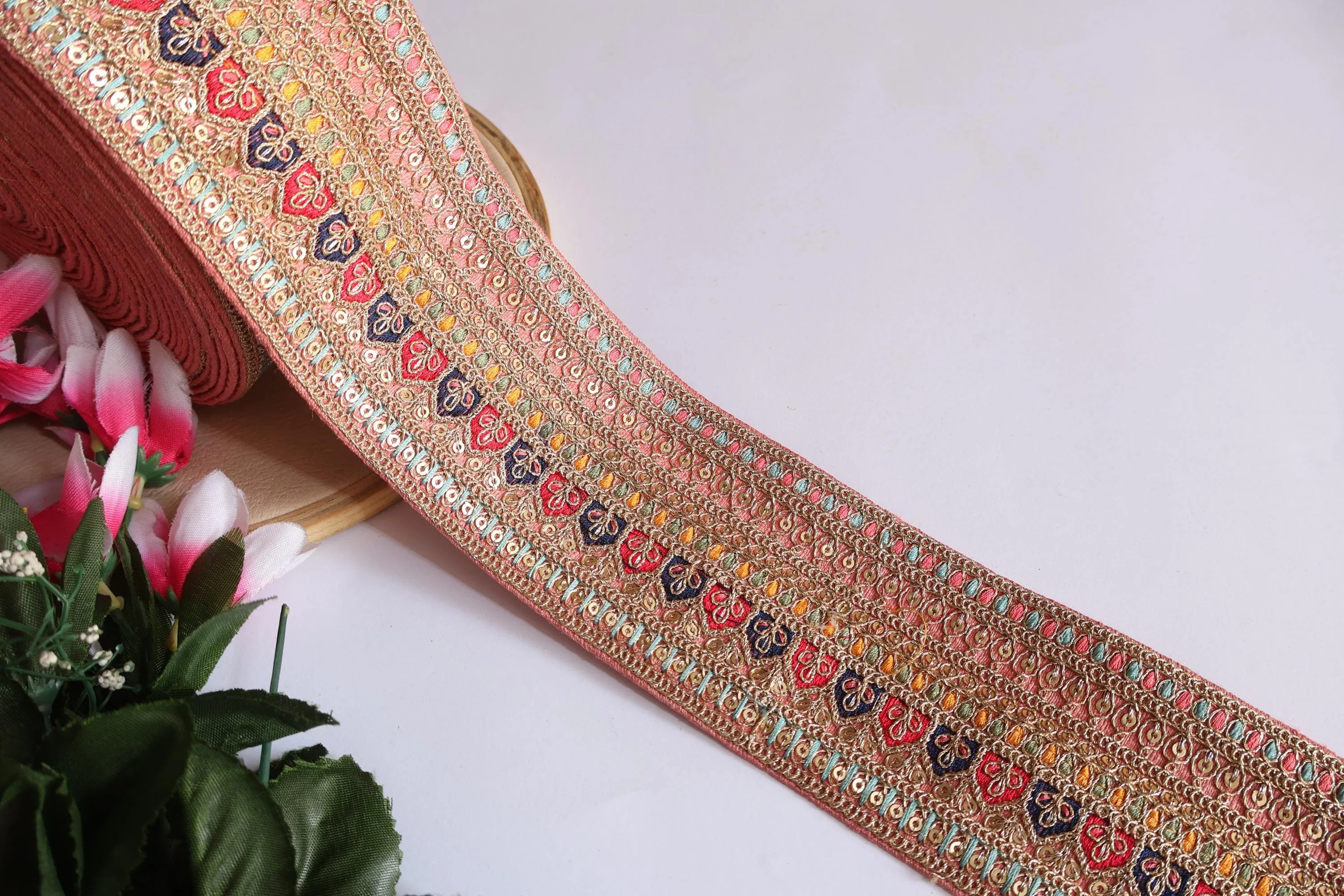 Light Peach Zari Sequin Embroidered Border Trim - 1 Yard