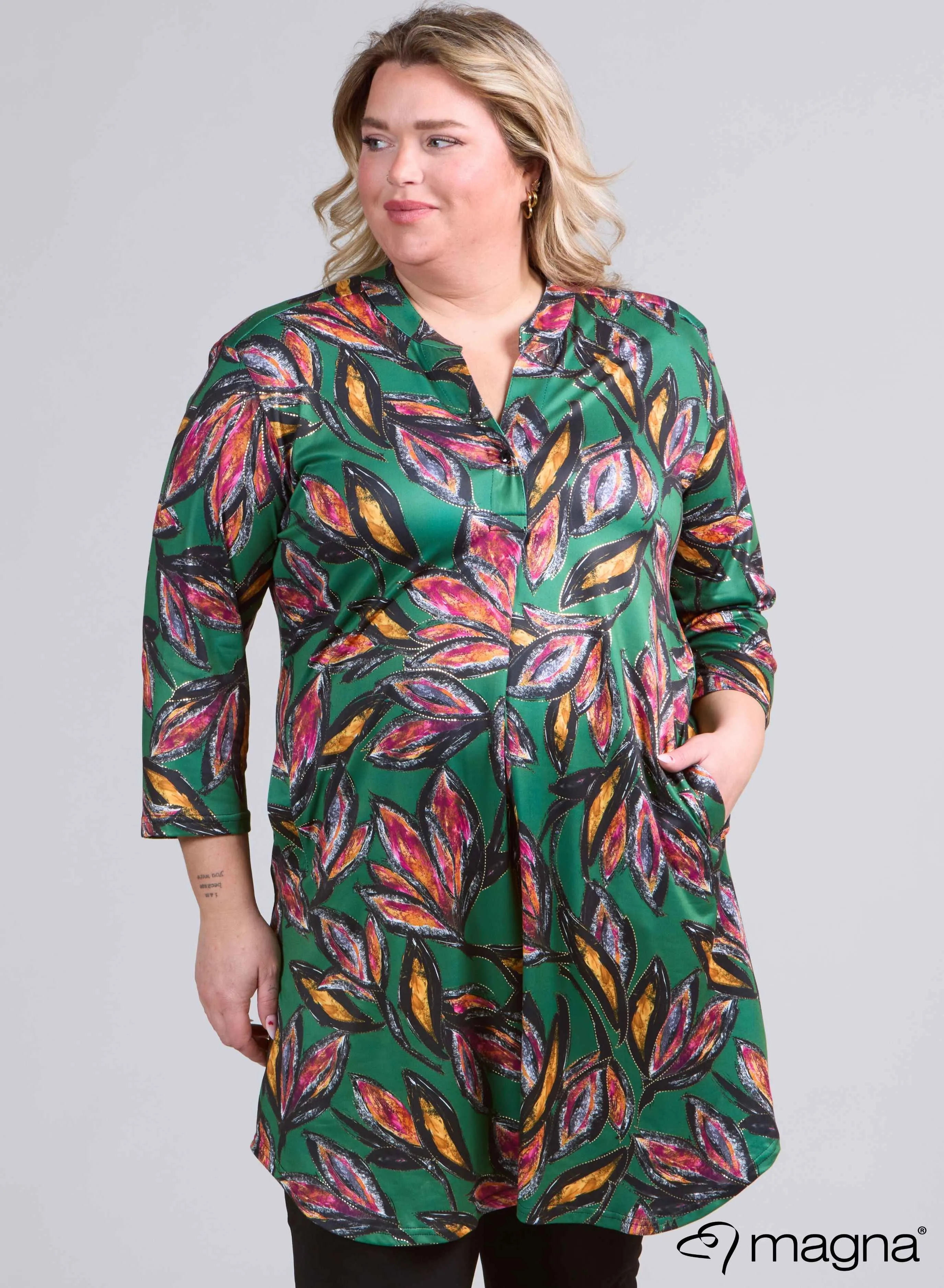 Magna A-Line Long Pocket Tunic Paradise Flower Green