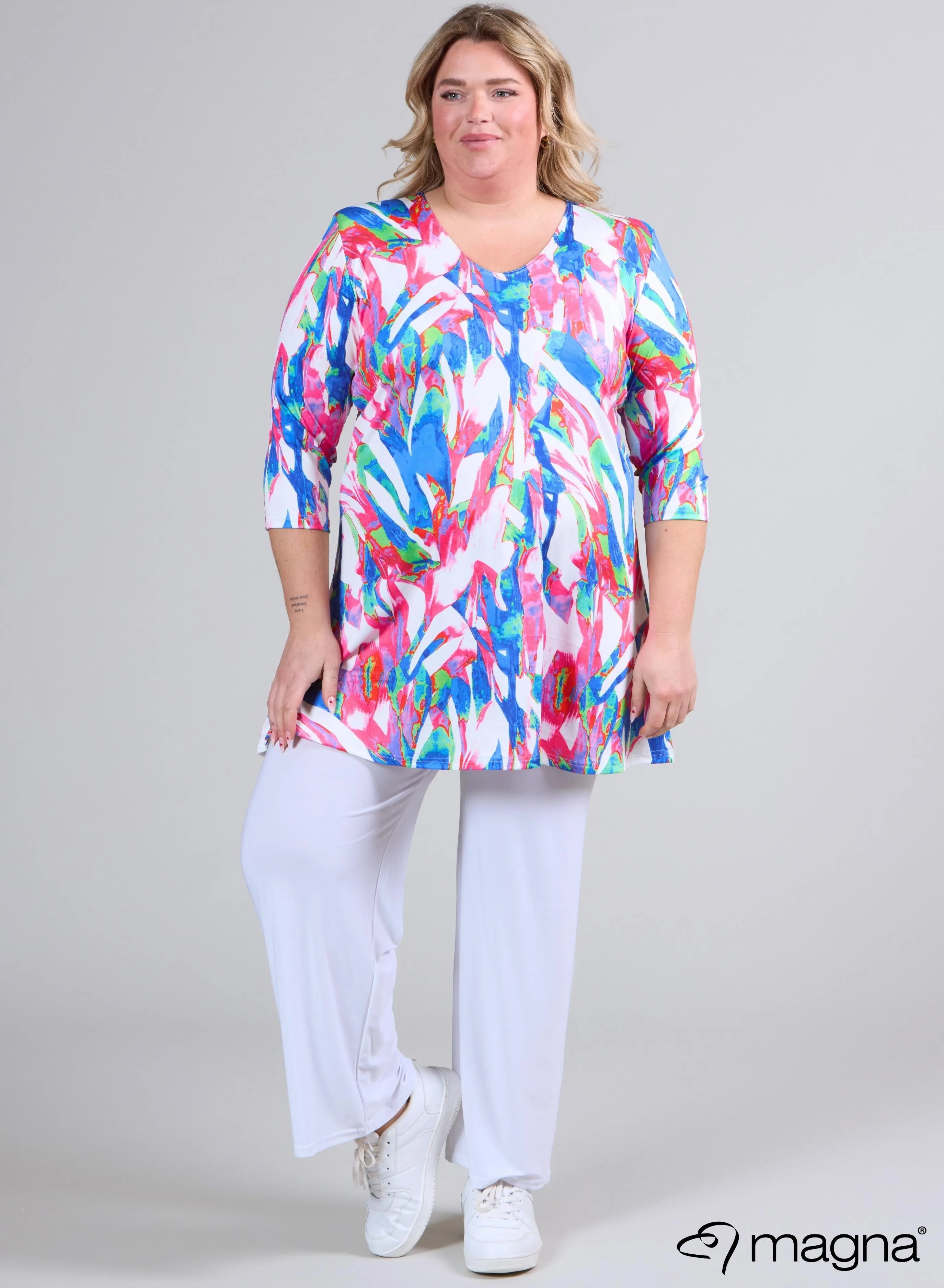 Magna A-line Long Shirt / Tunic Pink Blue Color Flowing Print