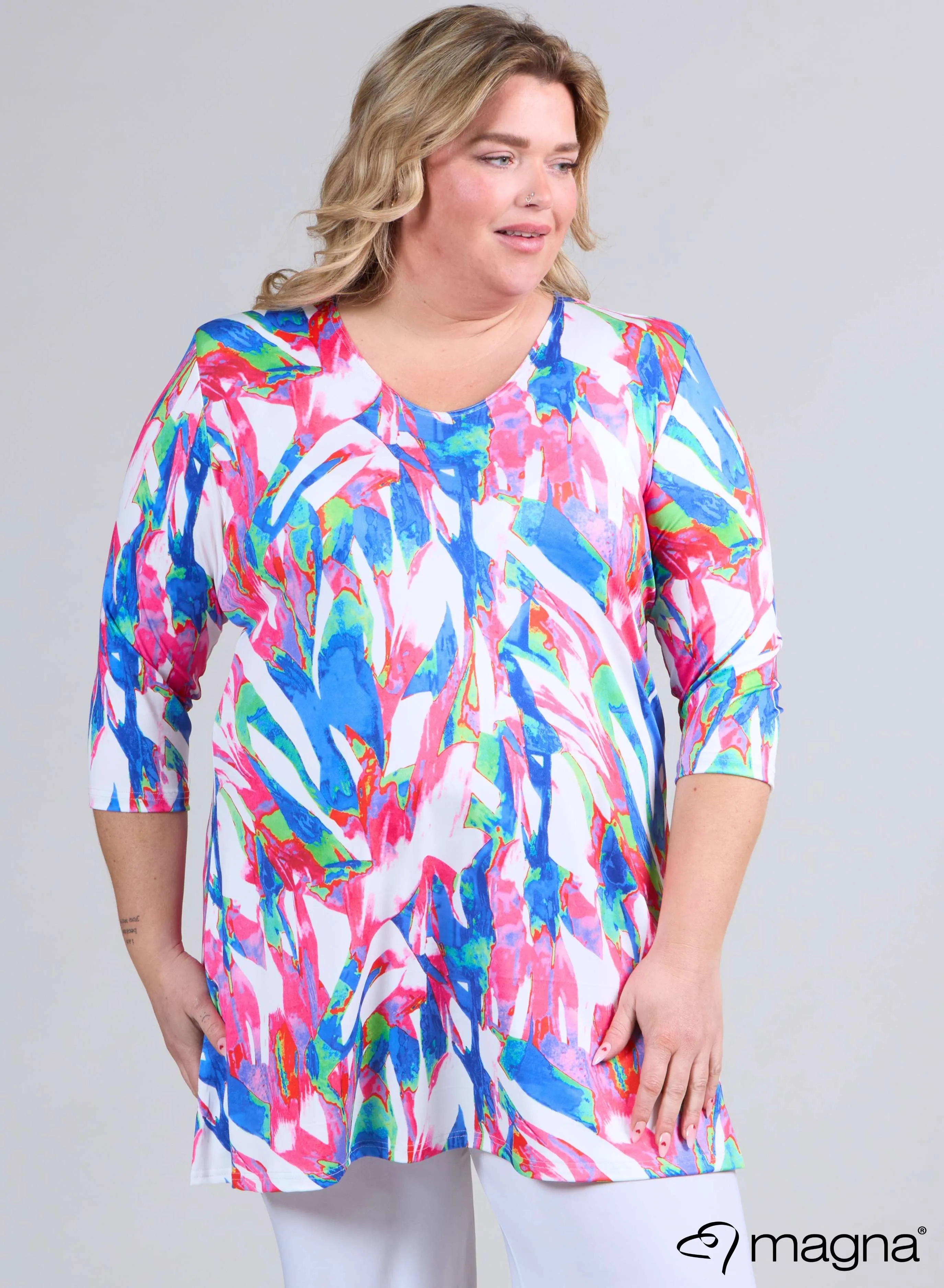 Magna A-line Long Shirt / Tunic Pink Blue Color Flowing Print
