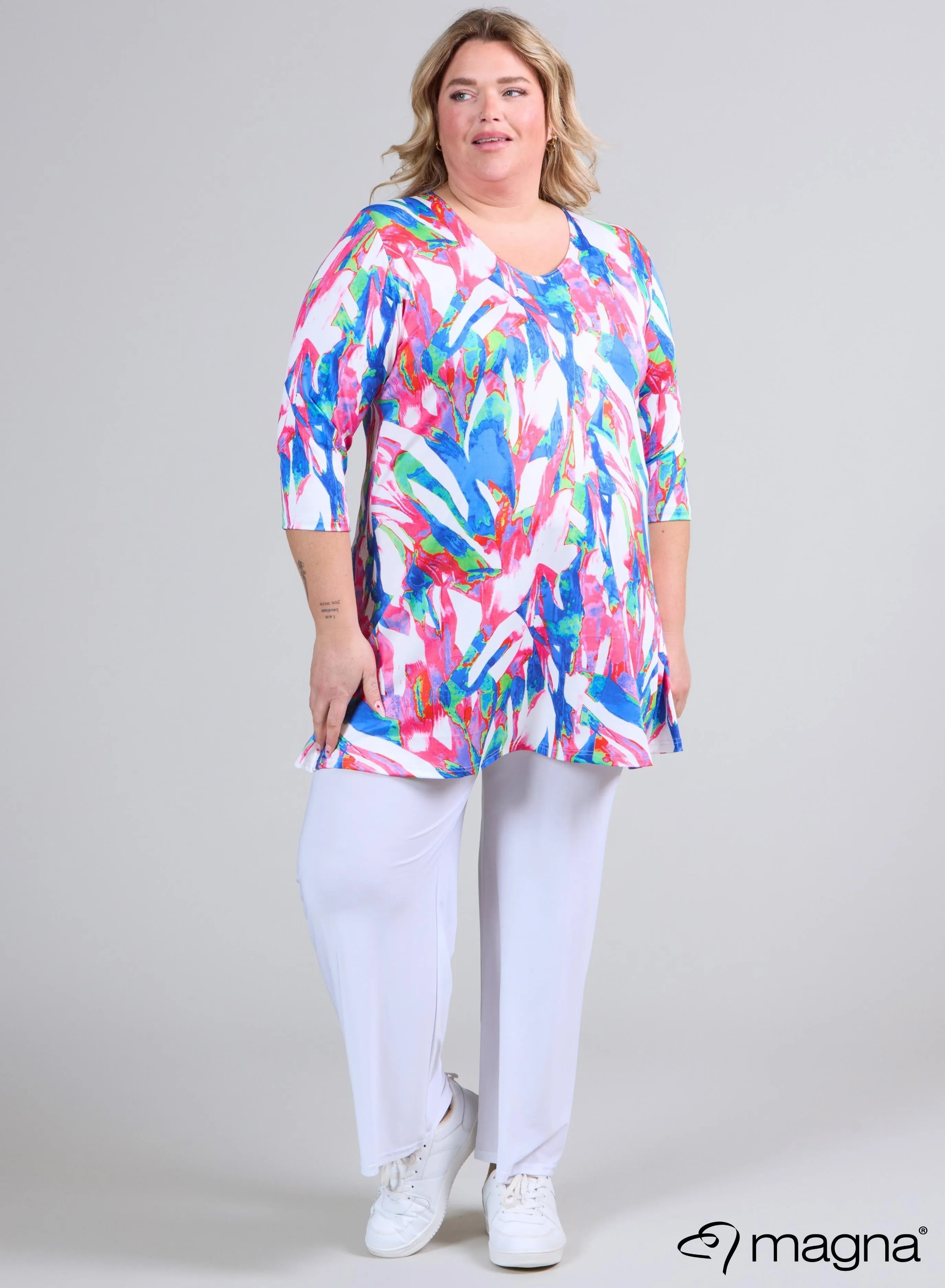 Magna A-line Long Shirt / Tunic Pink Blue Color Flowing Print