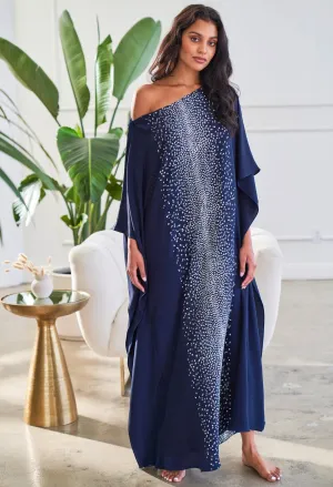 Malaysia Collection - Navy Stardust Print Long Silk Boatneck Caftan - Sale