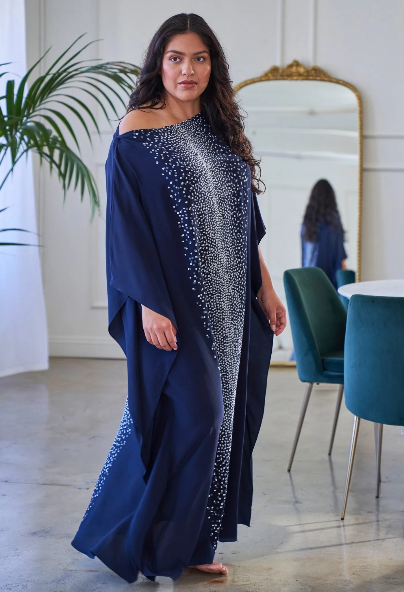 Malaysia Collection - Navy Stardust Print Long Silk Boatneck Caftan - Sale