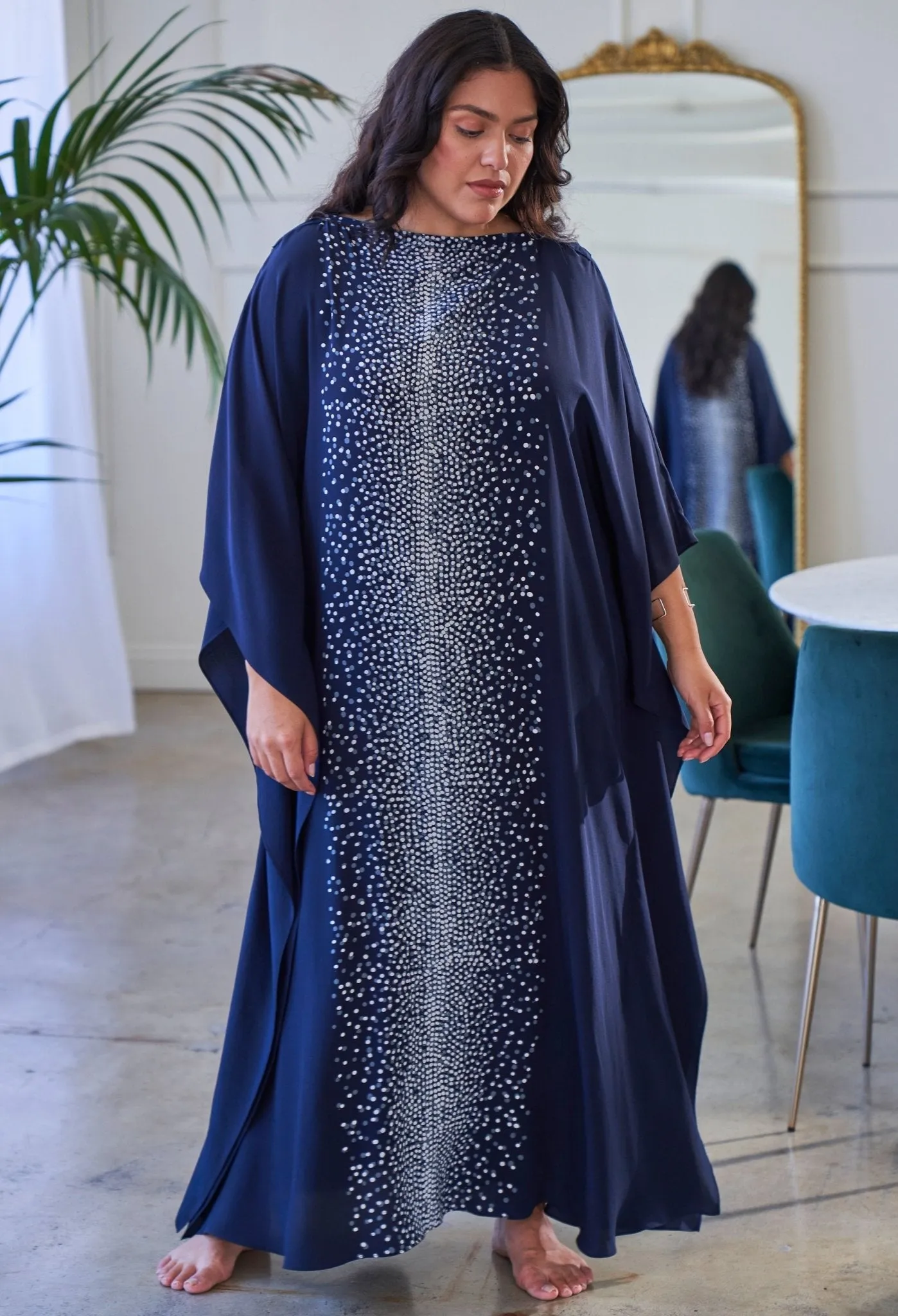 Malaysia Collection - Navy Stardust Print Long Silk Boatneck Caftan - Sale