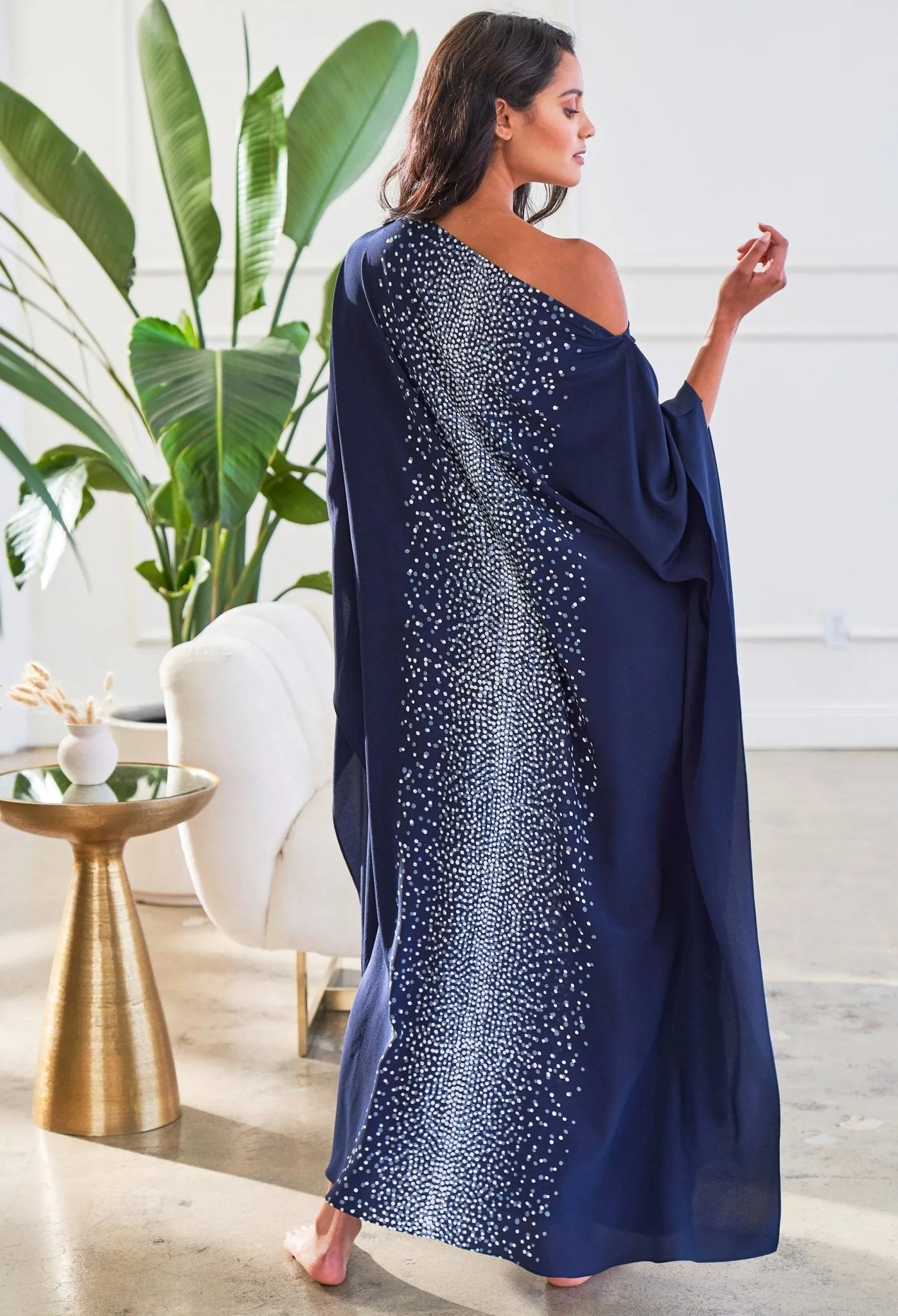 Malaysia Collection - Navy Stardust Print Long Silk Boatneck Caftan - Sale