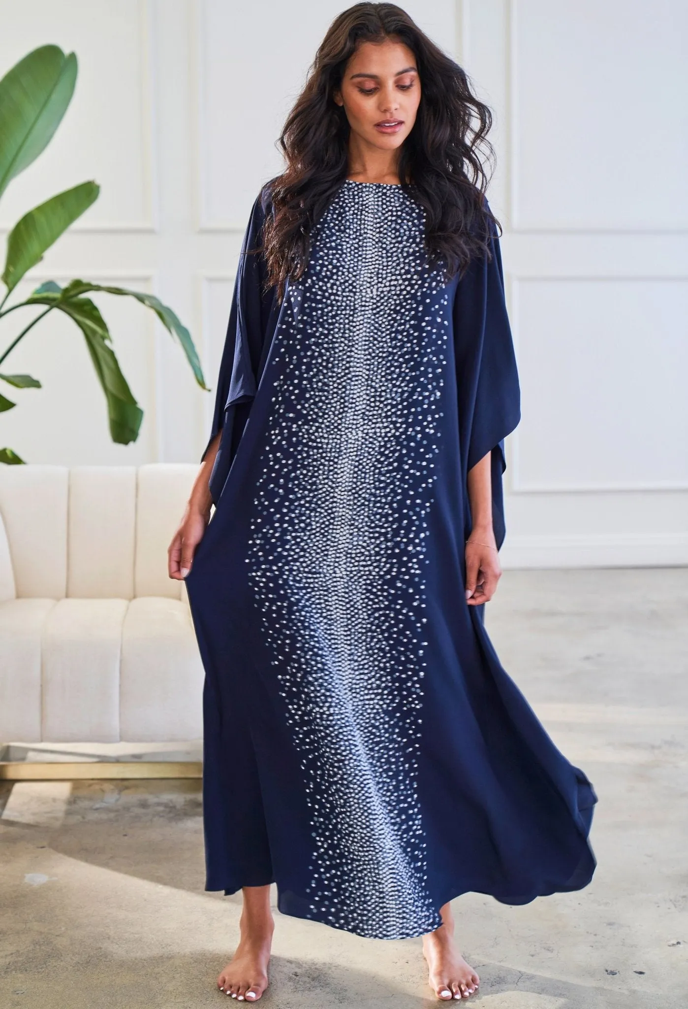 Malaysia Collection - Navy Stardust Print Long Silk Boatneck Caftan - Sale