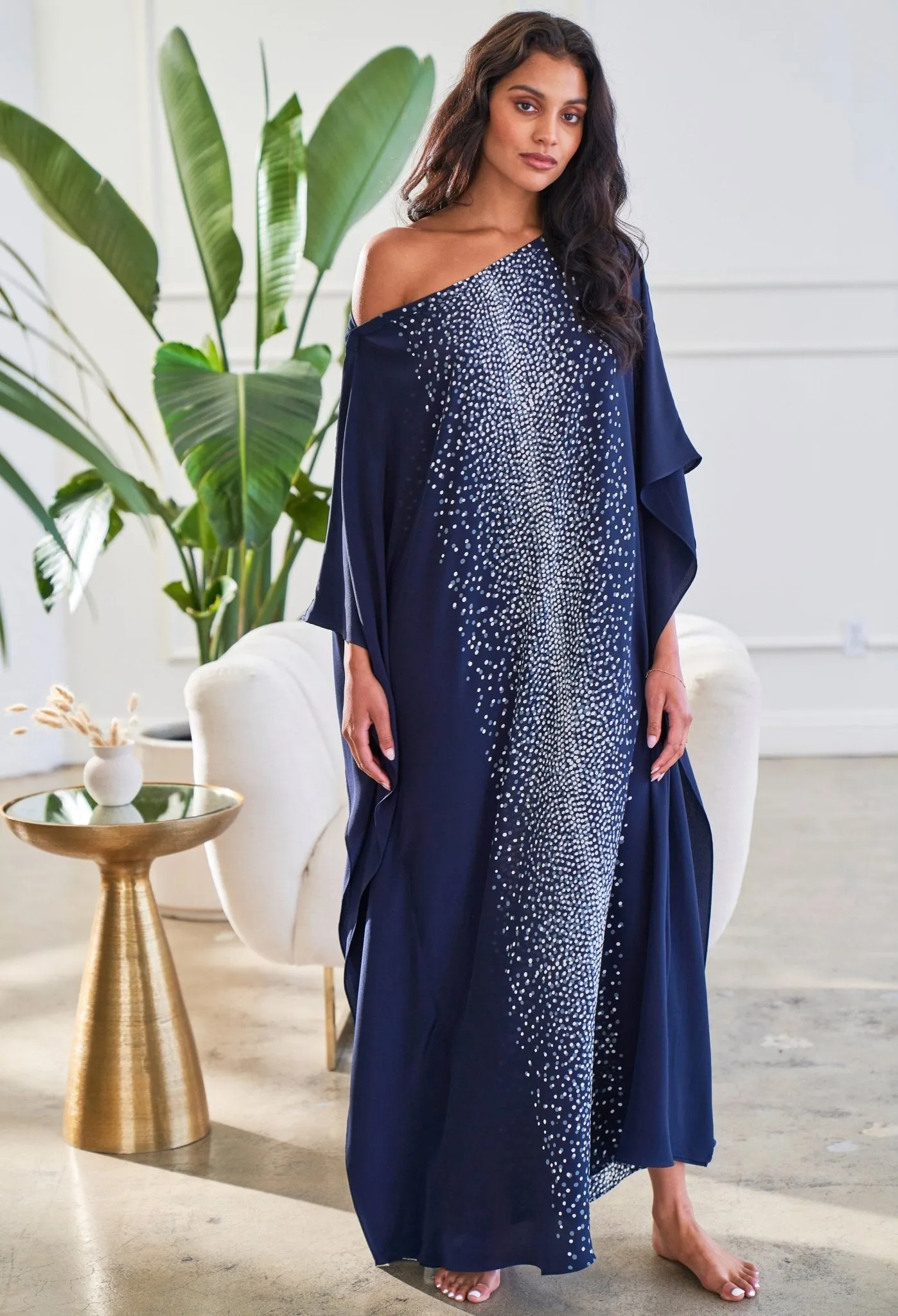 Malaysia Collection - Navy Stardust Print Long Silk Boatneck Caftan - Sale