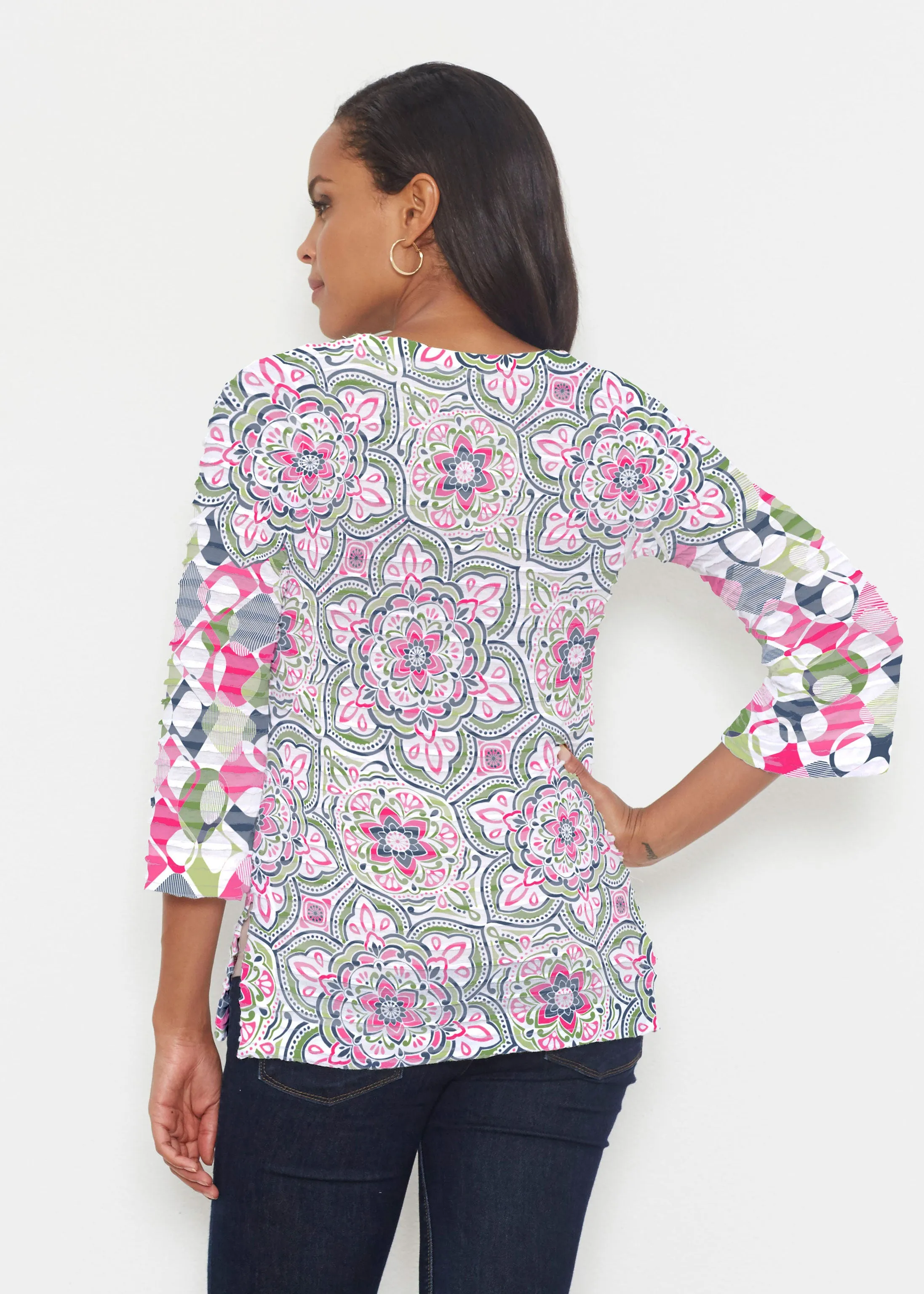 Mandala Geo Blue  (13503) ~ Banded 3/4 Bell-Sleeve V-Neck Tunic
