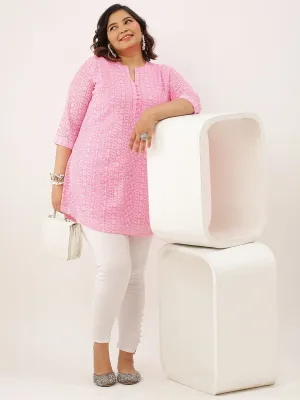 Mandarin Collar Georgette All over Chikankari Embroidery Pink Straight Tunic For Women - ZOLA