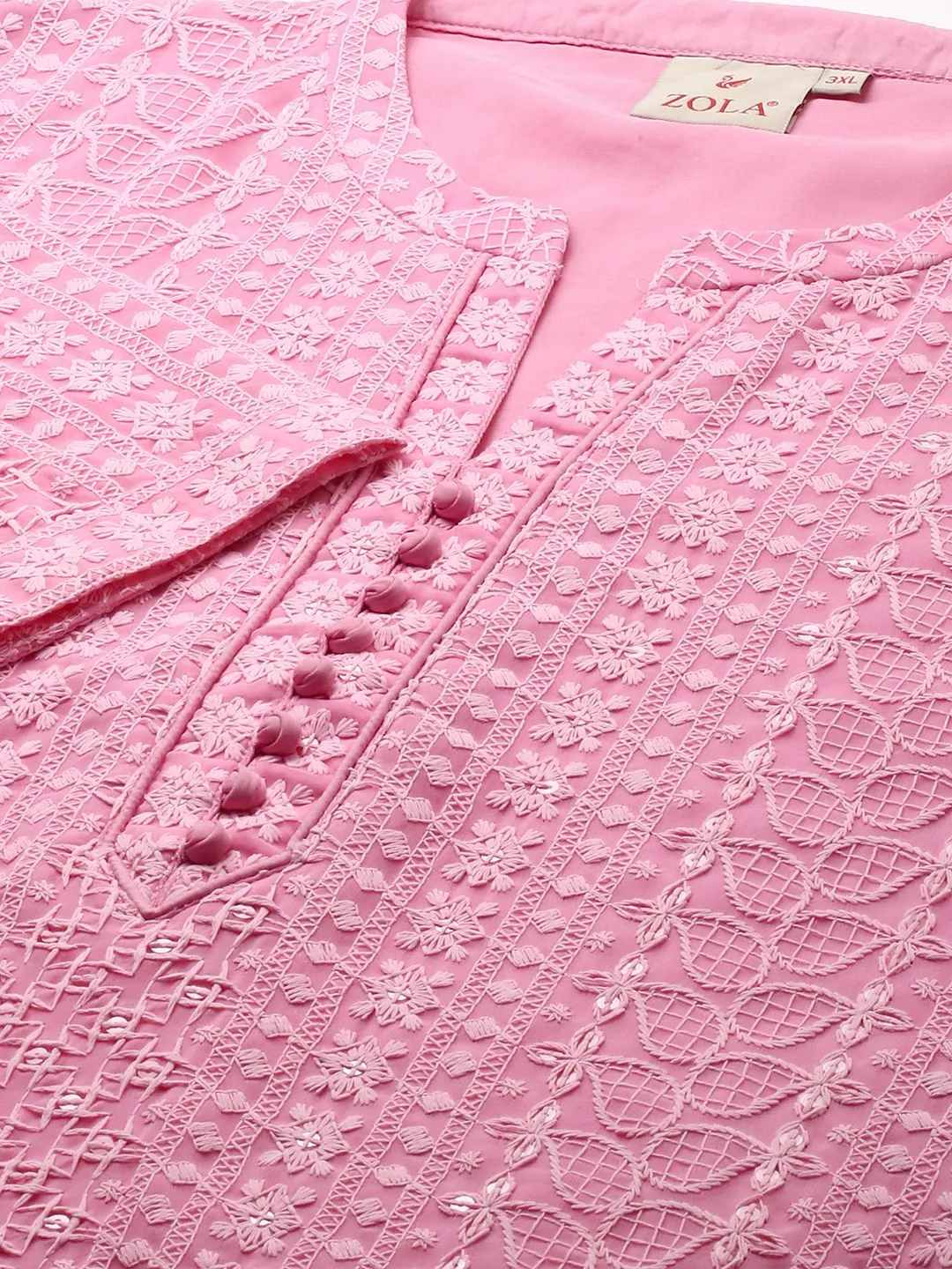 Mandarin Collar Georgette All over Chikankari Embroidery Pink Straight Tunic For Women - ZOLA