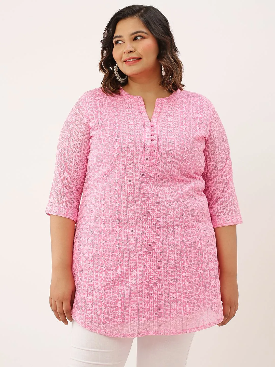 Mandarin Collar Georgette All over Chikankari Embroidery Pink Straight Tunic For Women - ZOLA