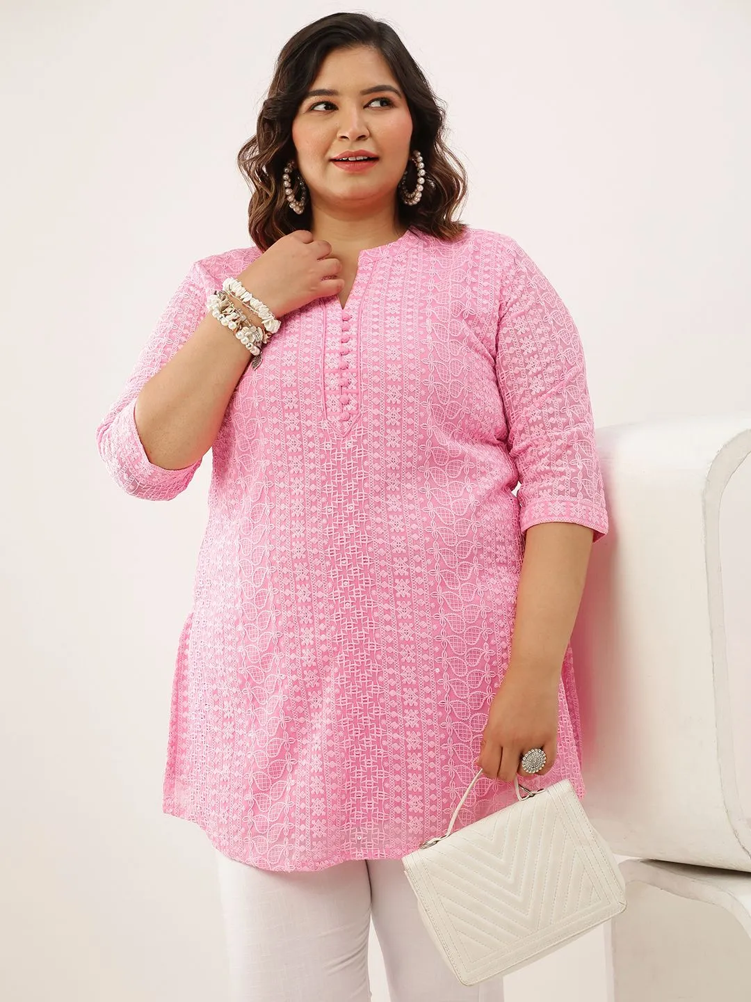 Mandarin Collar Georgette All over Chikankari Embroidery Pink Straight Tunic For Women - ZOLA
