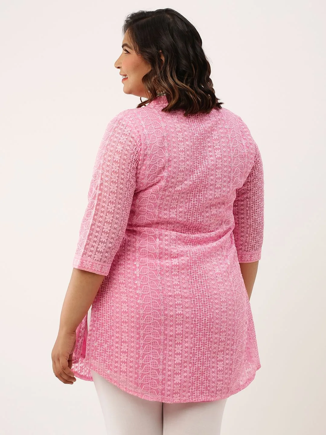 Mandarin Collar Georgette All over Chikankari Embroidery Pink Straight Tunic For Women - ZOLA