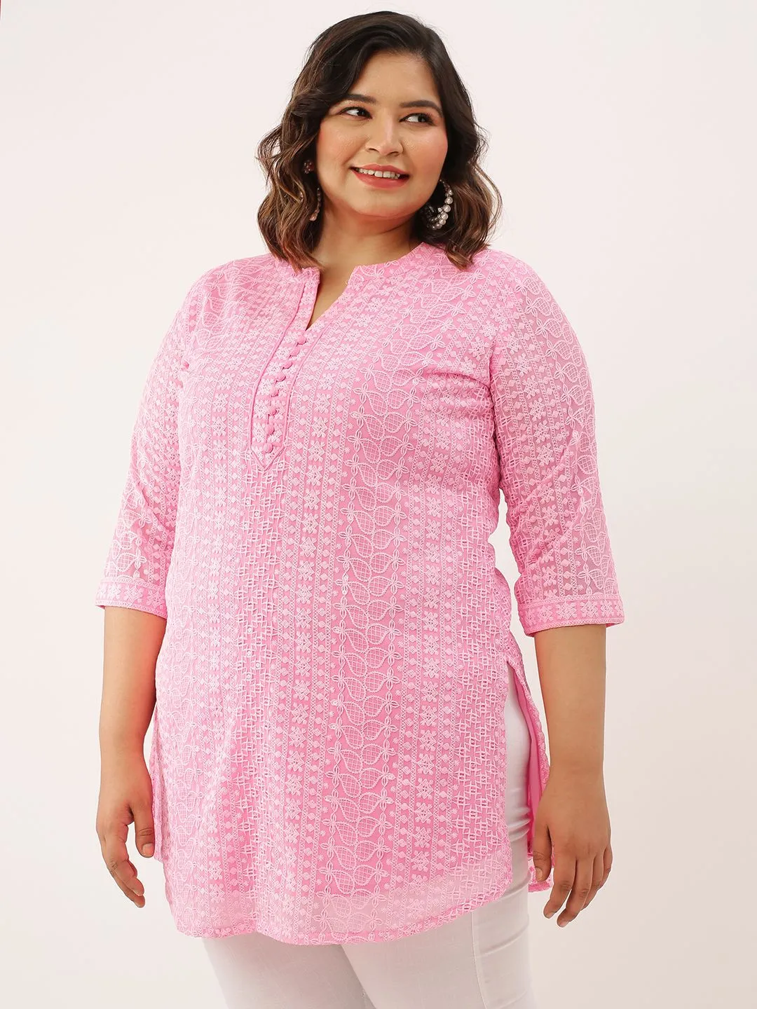 Mandarin Collar Georgette All over Chikankari Embroidery Pink Straight Tunic For Women - ZOLA