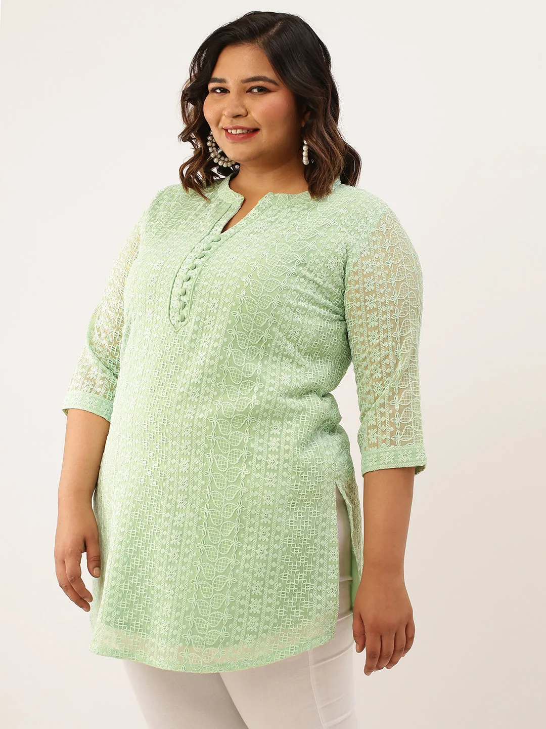 Mandarin Collar Georgette All over Chikankari Embroidery Pista Green Straight Tunic For Women - ZOLA