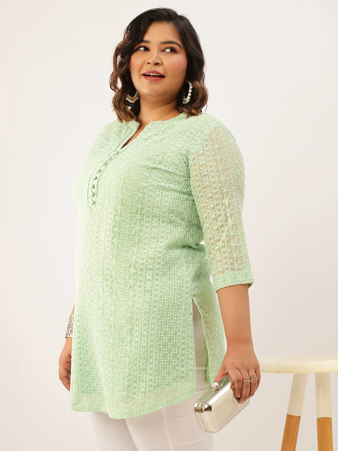 Mandarin Collar Georgette All over Chikankari Embroidery Pista Green Straight Tunic For Women - ZOLA