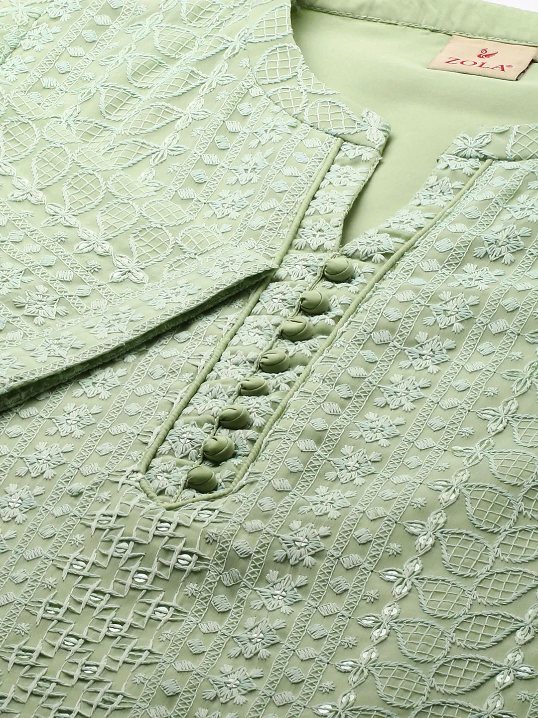 Mandarin Collar Georgette All over Chikankari Embroidery Pista Green Straight Tunic For Women - ZOLA