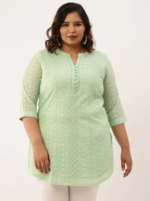 Mandarin Collar Georgette All over Chikankari Embroidery Pista Green Straight Tunic For Women - ZOLA